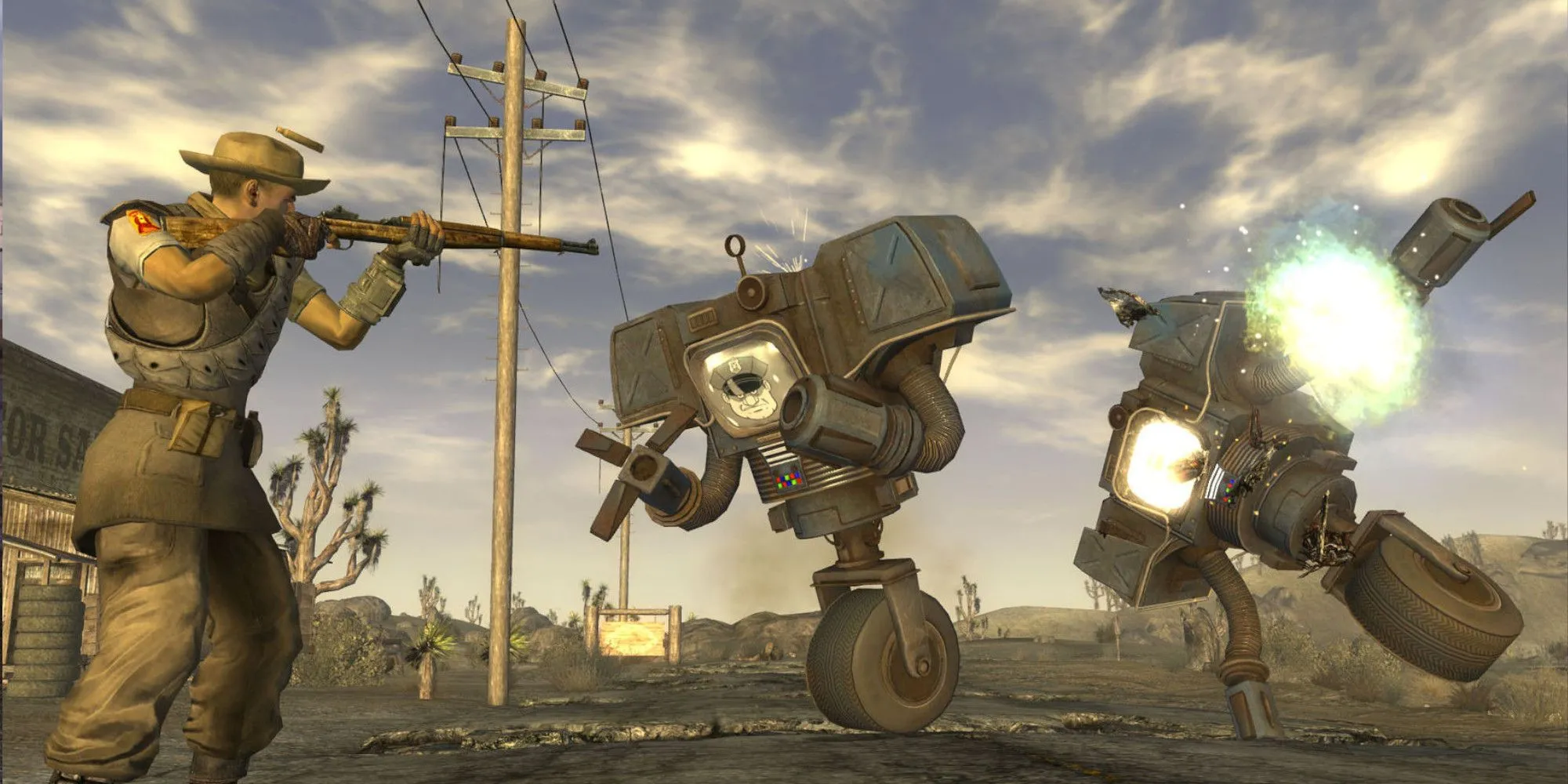Fallout New Vegas character points weapon at machines