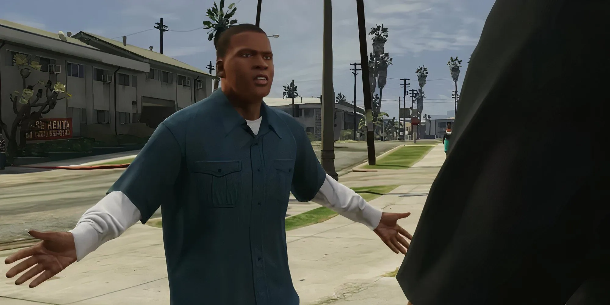 Franklin Clinton, một trong ba nhân vật chính của GTA 5, nói chuyện trên đường phố Los Santos
