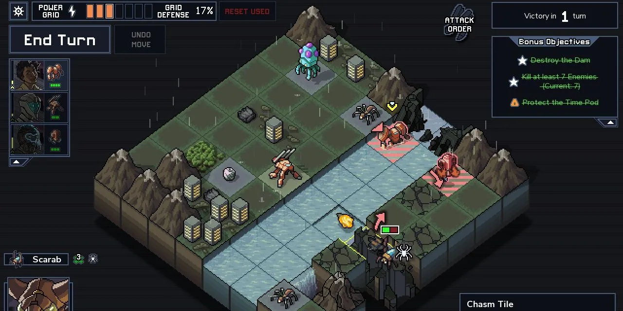 Gameplay chiến thuật của Into the Breach với các mech chiến đấu trên bản đồ ô vuông