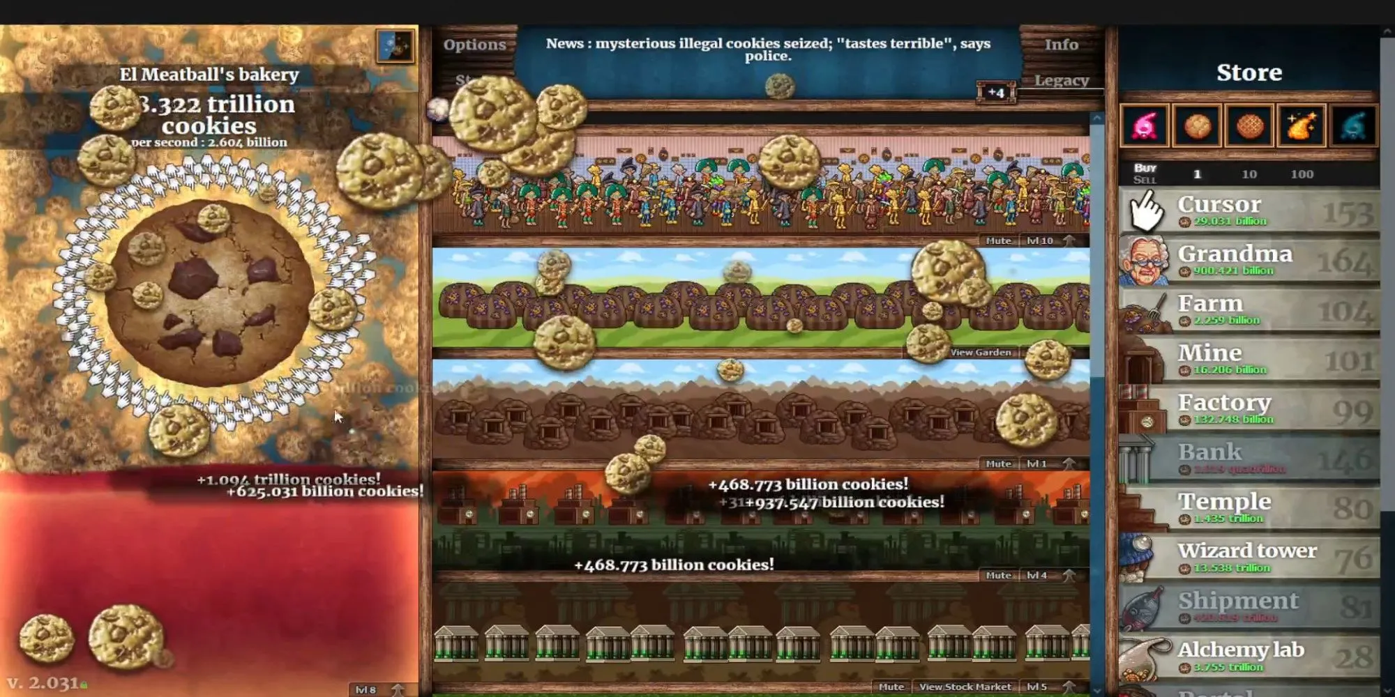 Gameplay của Cookie Clicker trên Steam với hàng triệu chiếc bánh quy