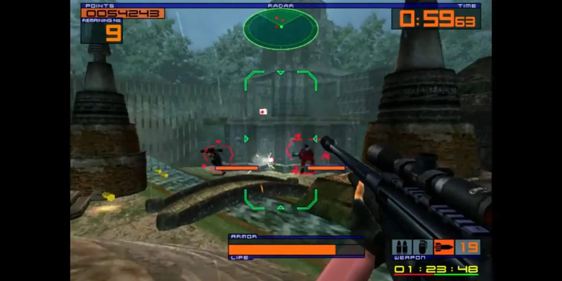 Gameplay đấu súng tốc độ cao trong Outtrigger trên Dreamcast