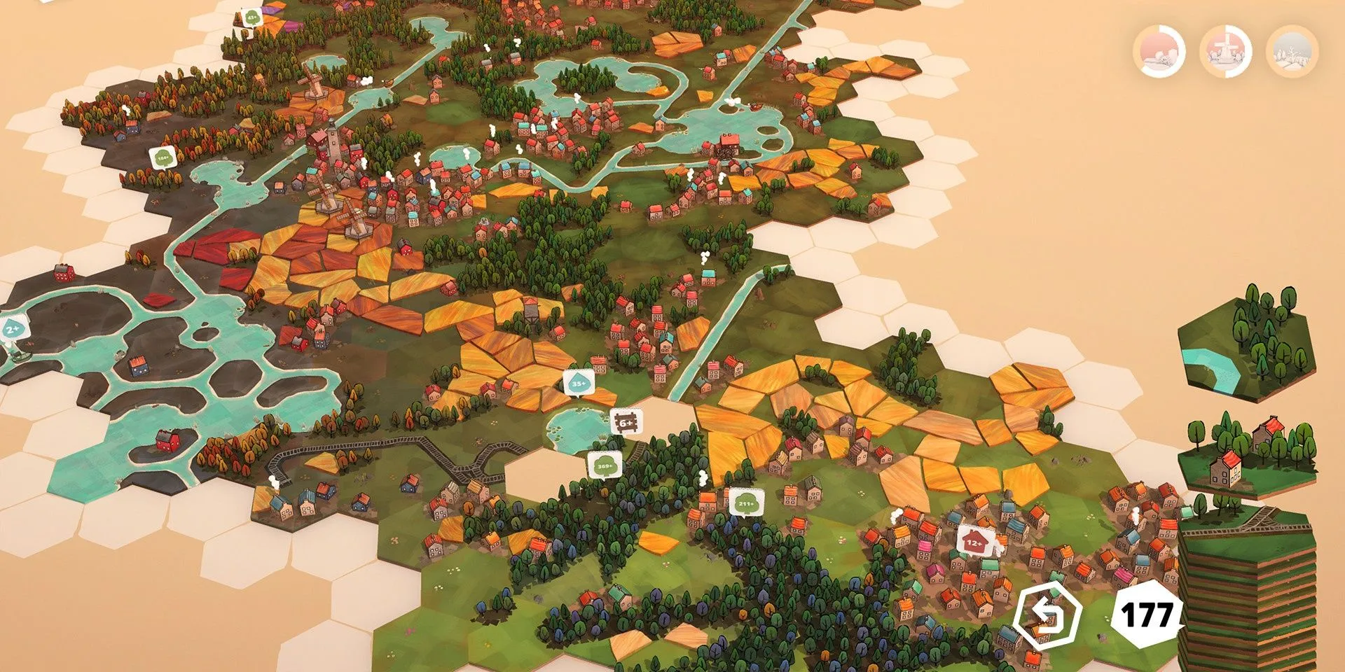 Gameplay Dorfromantik với các ô lục giác được ghép lại tạo thành cảnh quan nông thôn