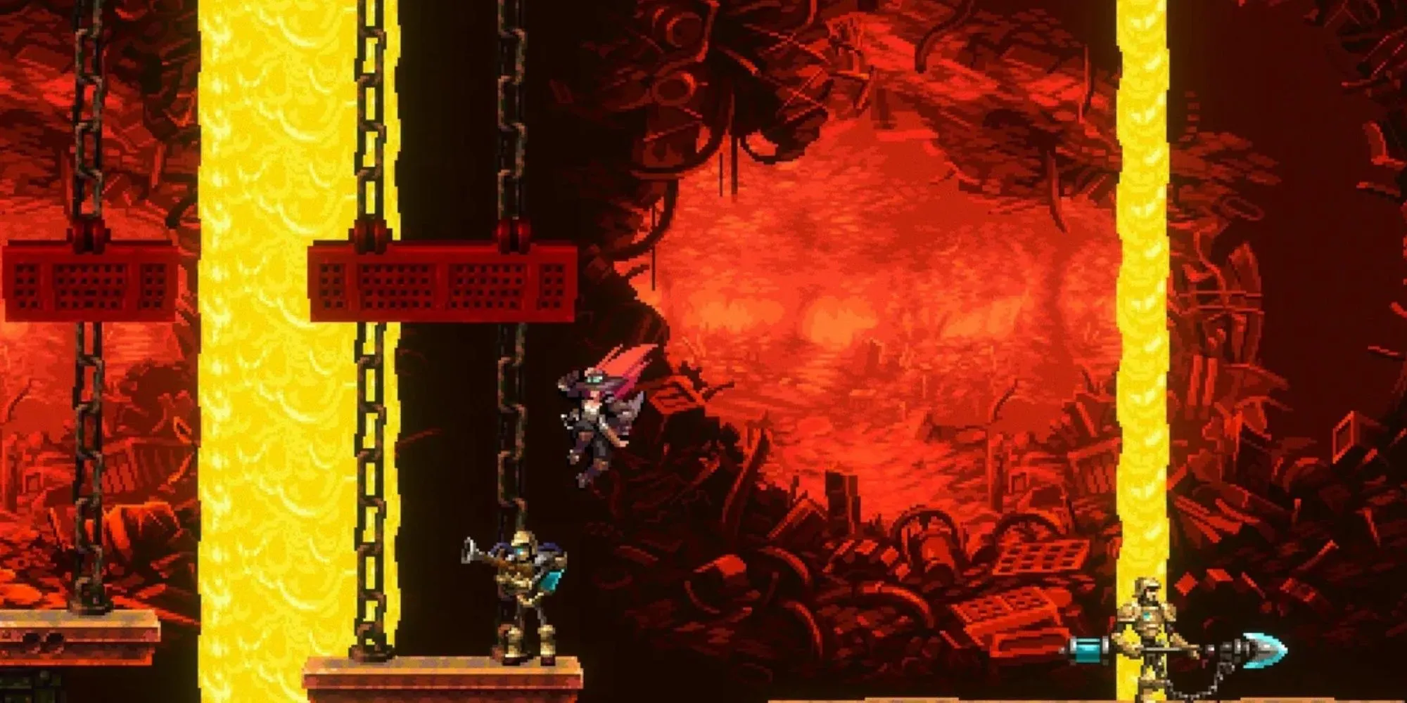 Gameplay Gestalt Steam &amp; Cinder cho thấy nhân vật chính đối mặt với boss nhện máy khổng lồ bắn ra đạn điện