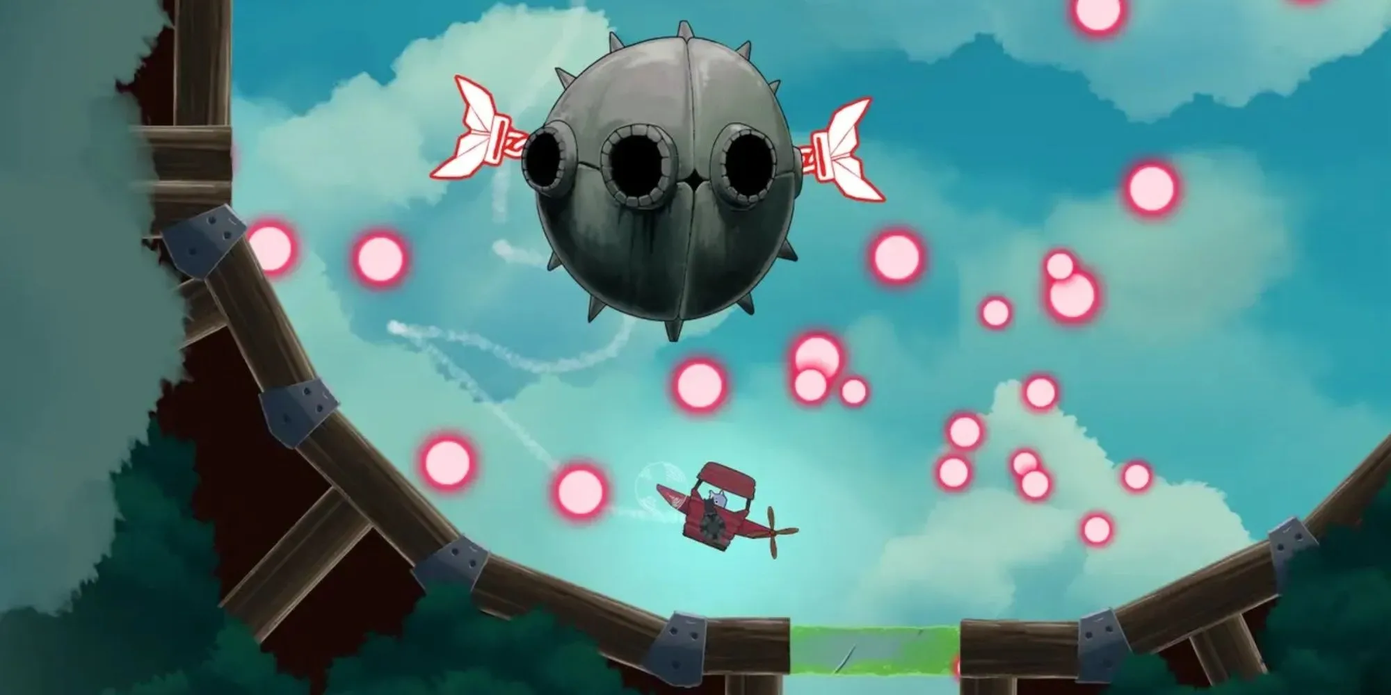 Gameplay Islets cho thấy nhân vật Iko bay trên một cỗ máy bay giấy giữa không trung, tránh né chướng ngại vật và đạn kẻ thù