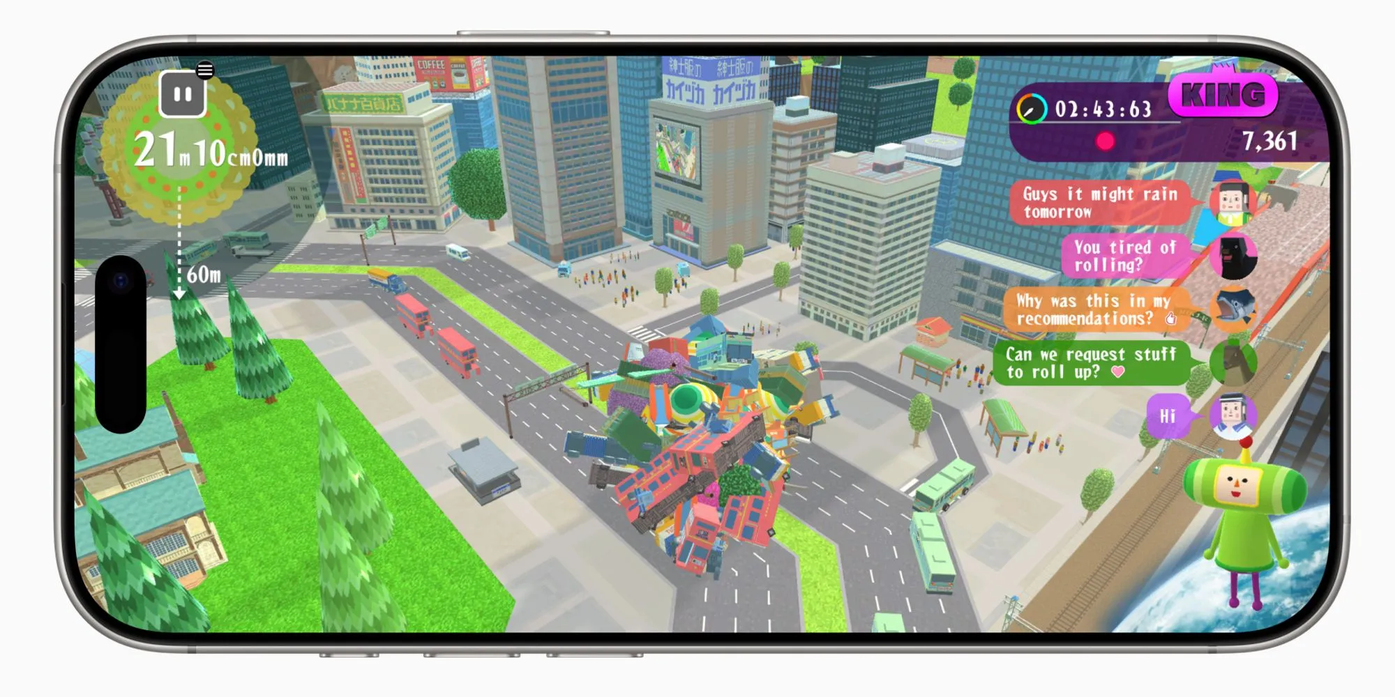 Gameplay Katamari Damacy Rolling LIVE trên iPhone với Hoàng tử đang cuộn Katamari qua một căn phòng đầy đồ vật và khung chat livestream hiển thị