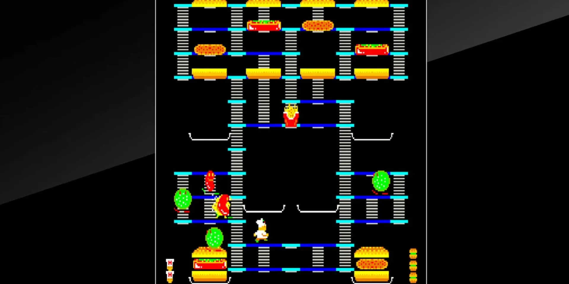 Gameplay màn hình ngang của game Burger Time, một thể loại platformer cổ điển tập trung vào không gian hẹp