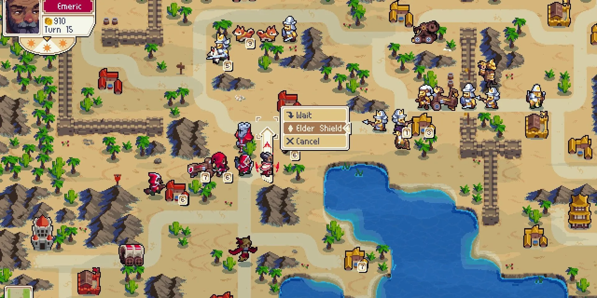 Gameplay Wargroove với các đơn vị quân đội chiến đấu trên bản đồ pixel art