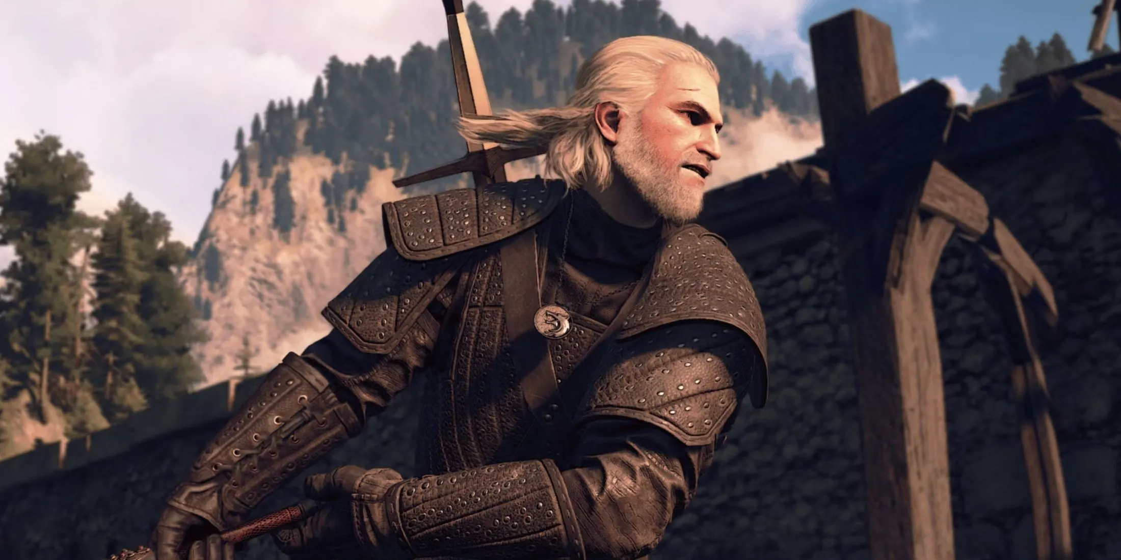 Geralt of Rivia đứng giữa rừng cây trong The Witcher 3 Wild Hunt