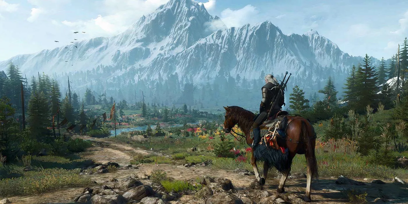 Geralt trên lưng ngựa nhìn về phía một thung lũng với những ngọn núi khổng lồ ở phía sau trong The Witcher 3