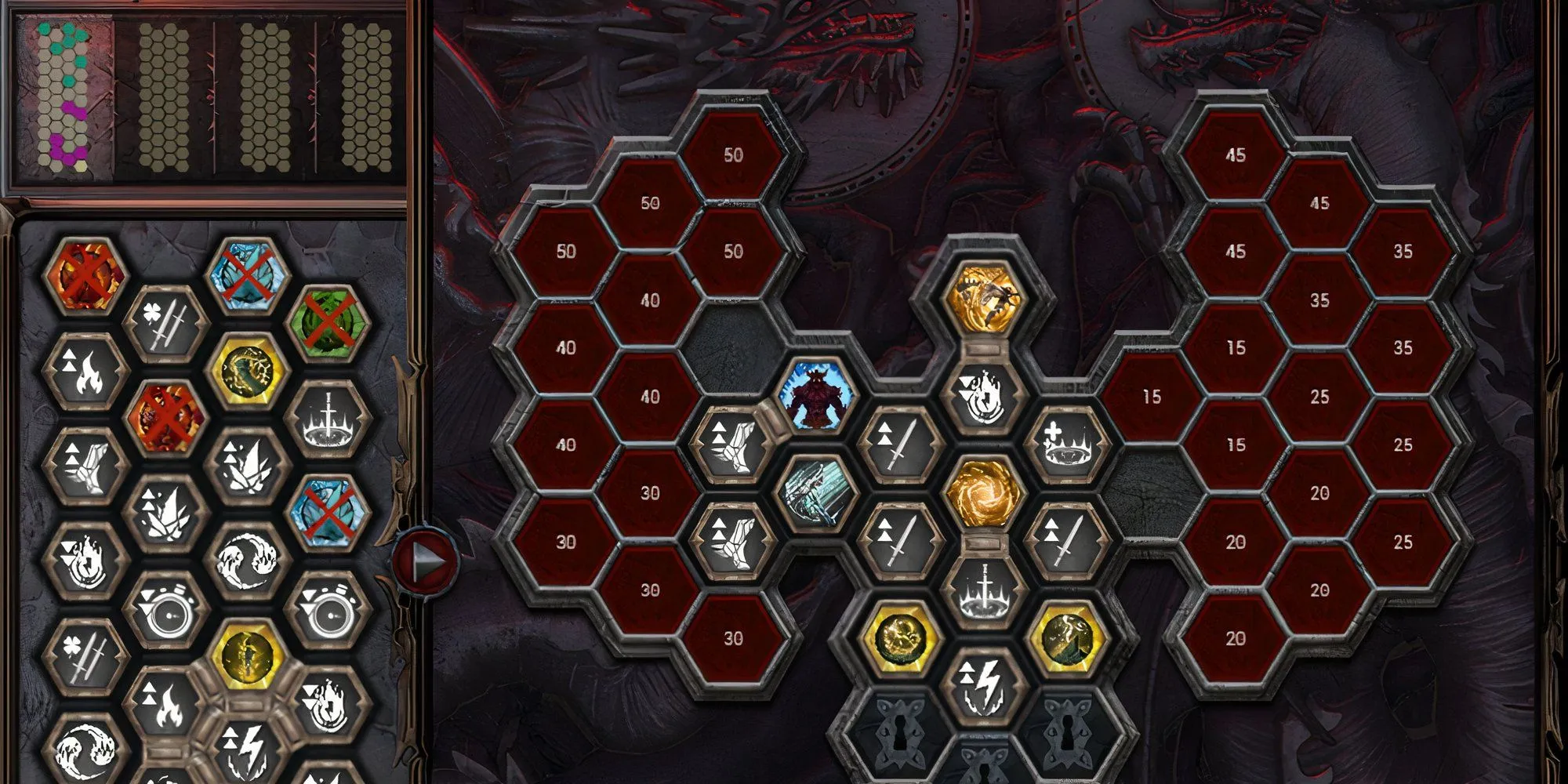 Giao diện Ancestral Grid trong Dragonkin The Banished với các ô Hex đang được mở khóa và sắp xếp