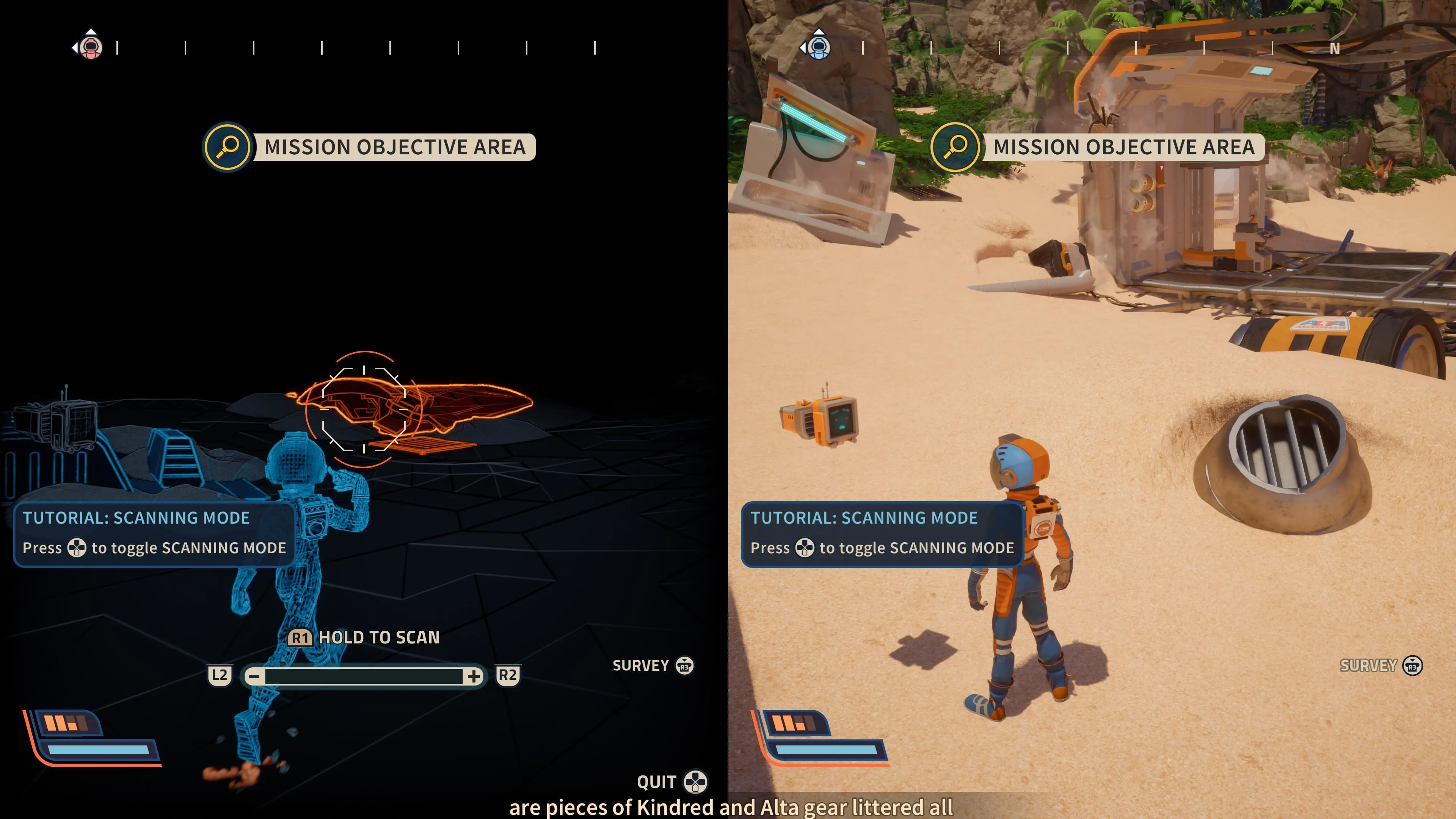 Giao diện chia đôi màn hình khi chơi co-op trong Revenge Of The Savage Planet, hiển thị hai người chơi cùng lúc