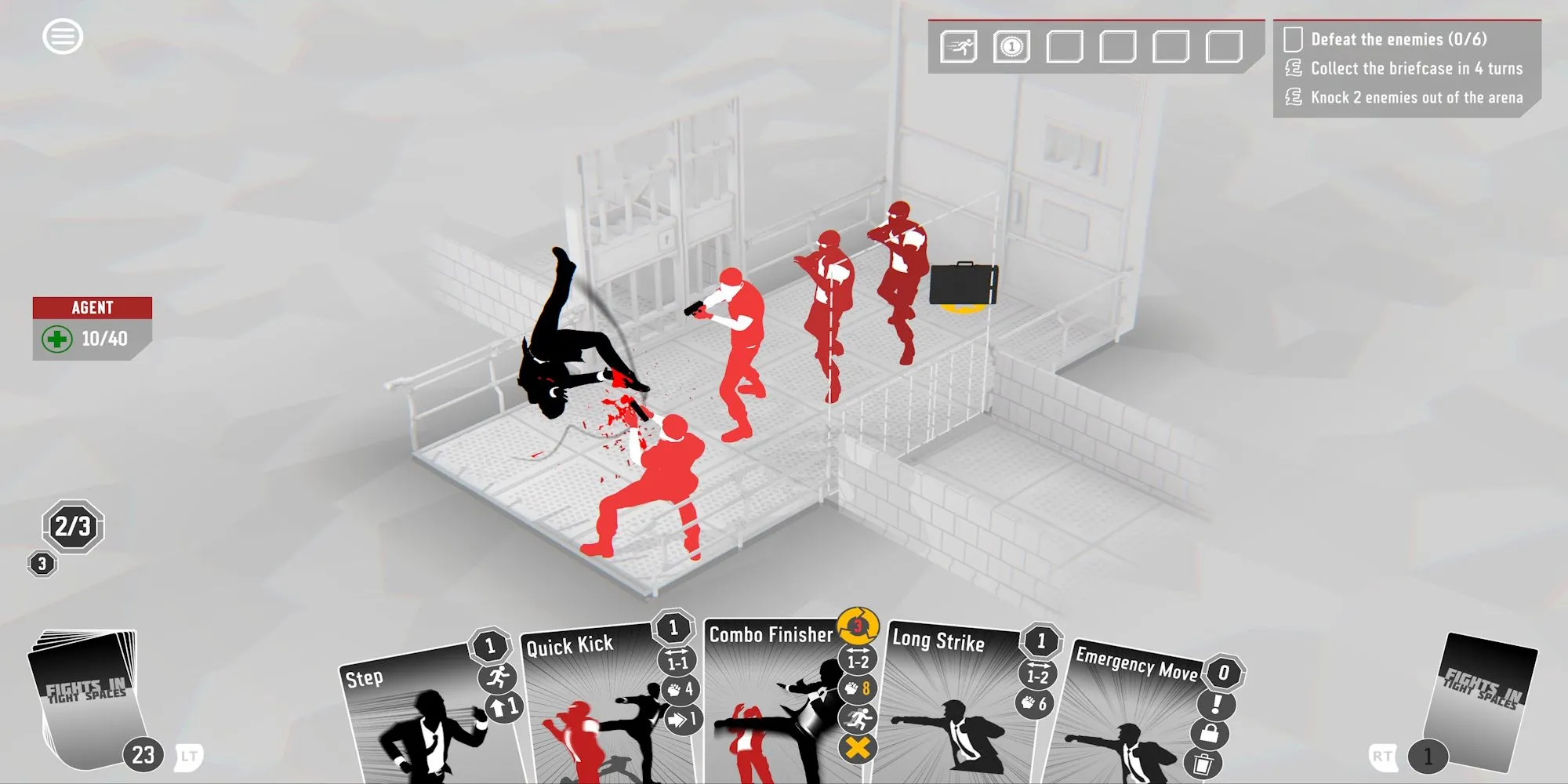Giao diện chiến đấu theo lượt trong game Fights in Tight Spaces, hiển thị các tùy chọn thẻ bài hành động.