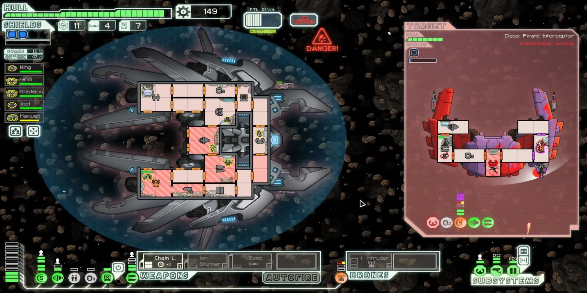 Giao diện chiến đấu trên bản đồ tàu vũ trụ trong game chiến thuật roguelike FTL Faster Than Light