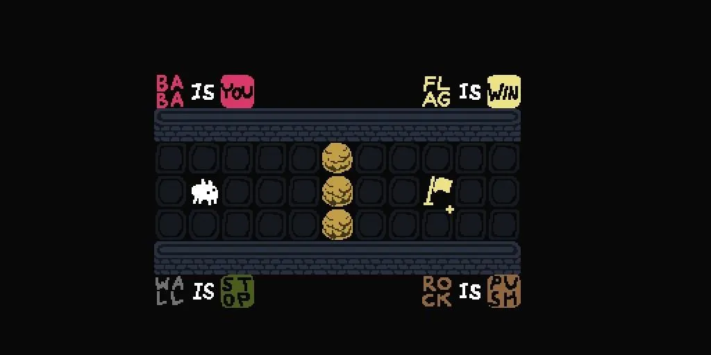 Giao diện game giải đố Baba is You trên di động với các khối lệnh logic đầy màu sắc tối giản