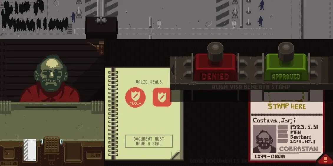 Giao diện game Papers Please với cửa sổ kiểm tra hộ chiếu