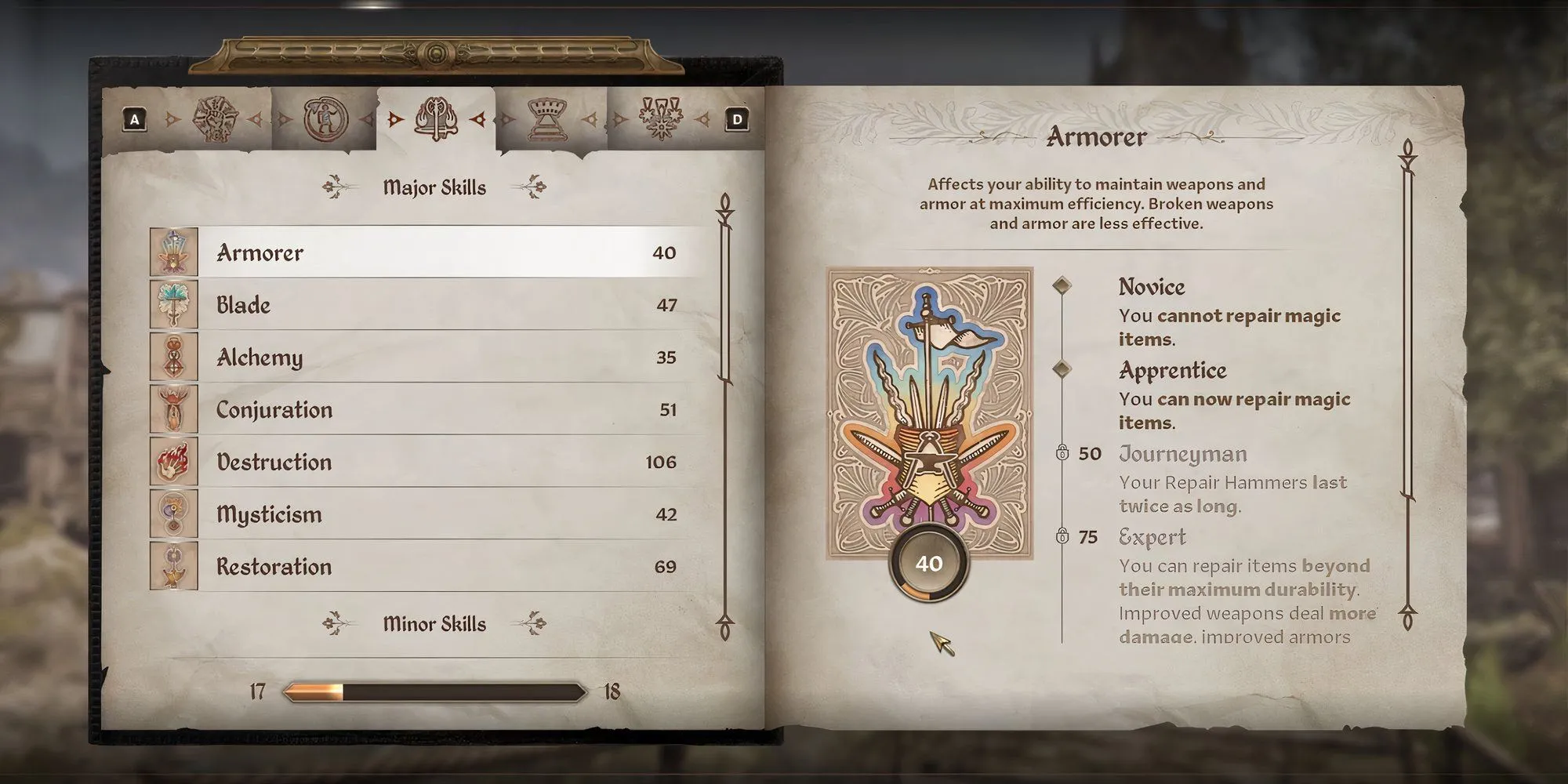 Giao diện kỹ năng Thợ rèn (Armorer) giúp sửa chữa đồ trong Oblivion Remastered