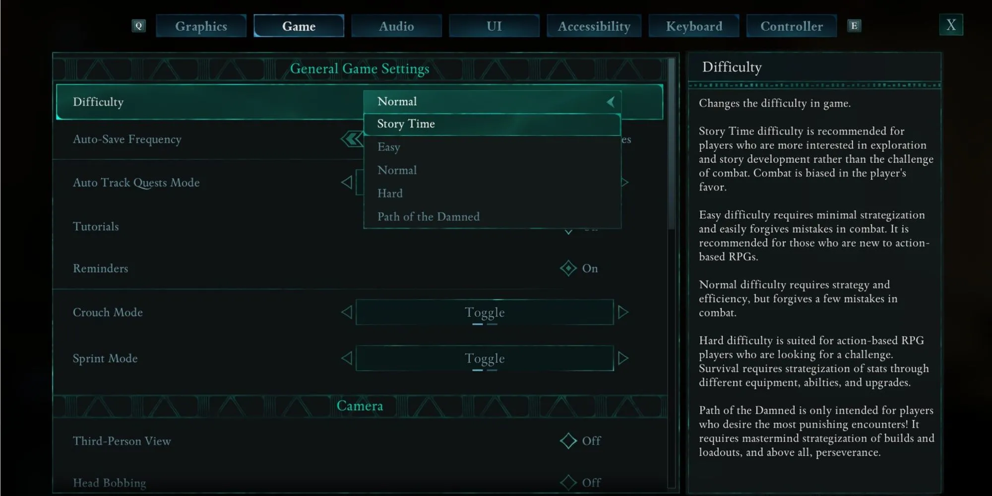 Giao diện menu cài đặt độ khó trong game Avowed, cho phép người chơi tùy chỉnh trải nghiệm