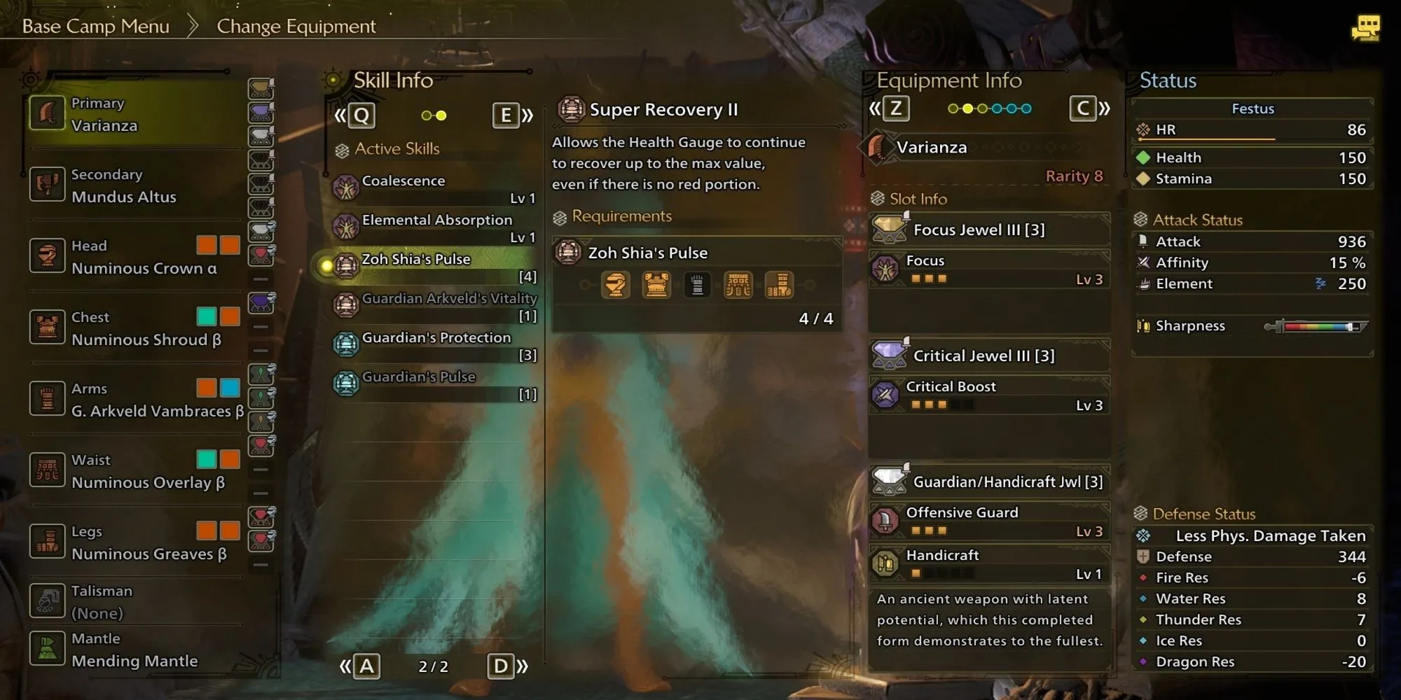 Giao diện menu hiển thị bộ kỹ năng của bộ giáp Zoh Shia trong Monster Hunter Wilds