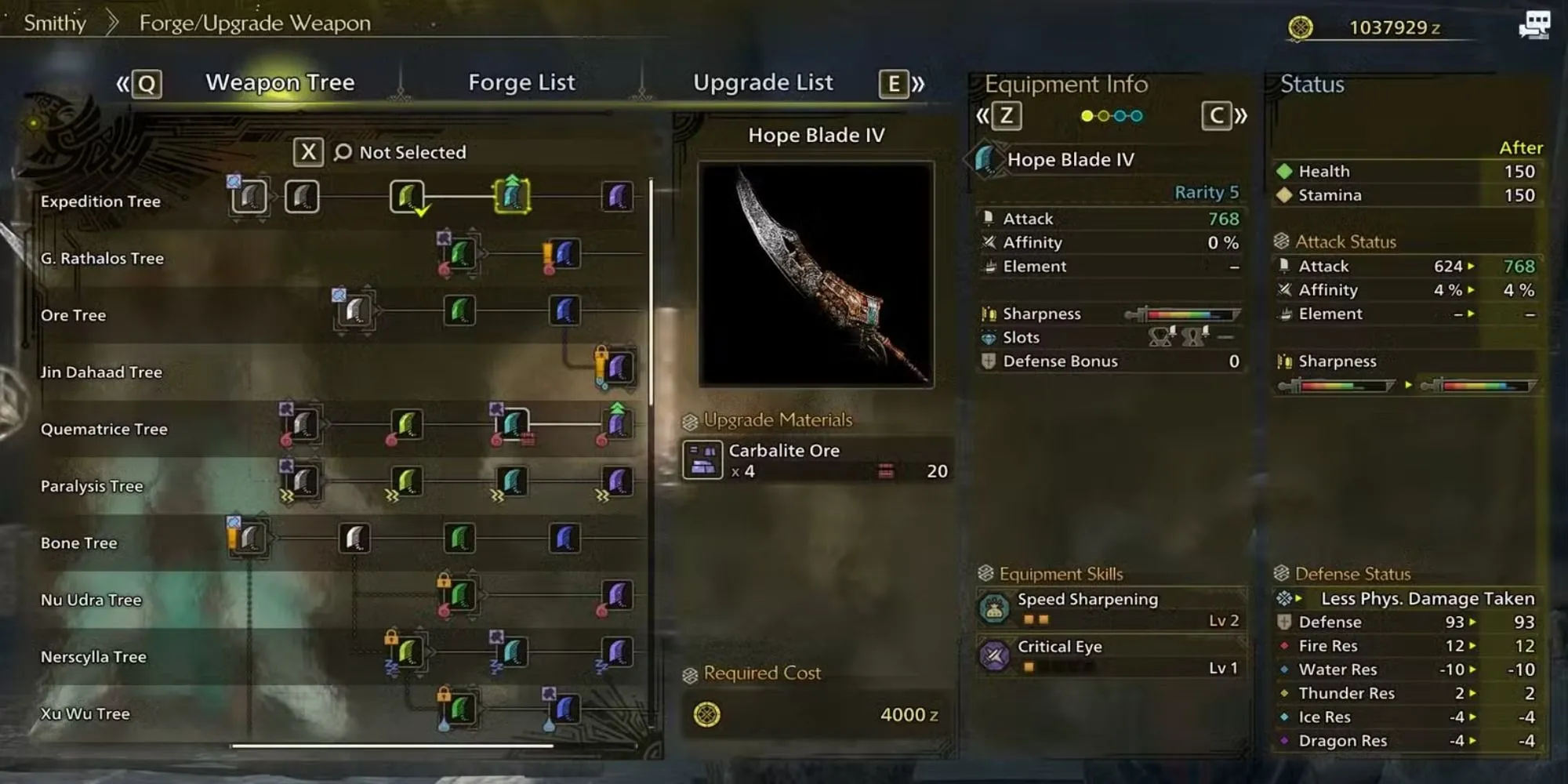 Giao diện menu Thợ Rèn hiển thị vũ khí Hope Blade I trong Monster Hunter Wilds