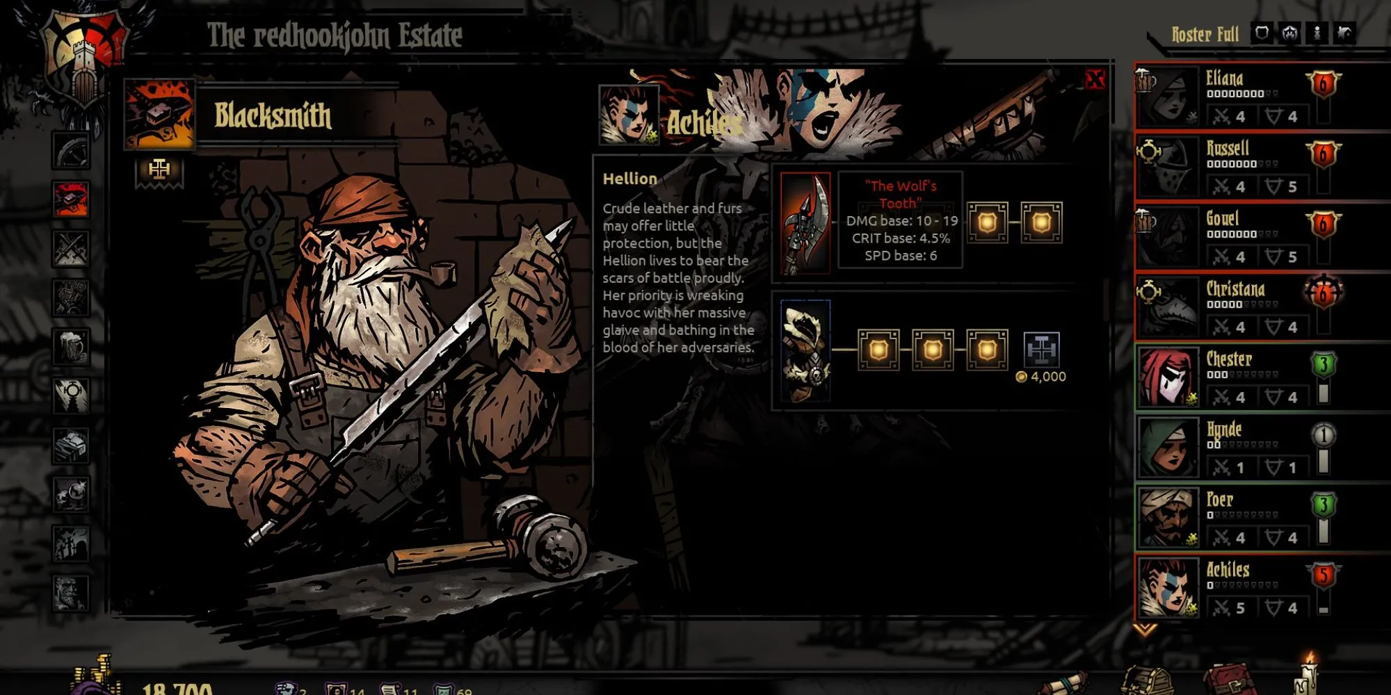 Giao diện nâng cấp Lò Rèn (Blacksmith) trong Darkest Dungeon tại Hamlet