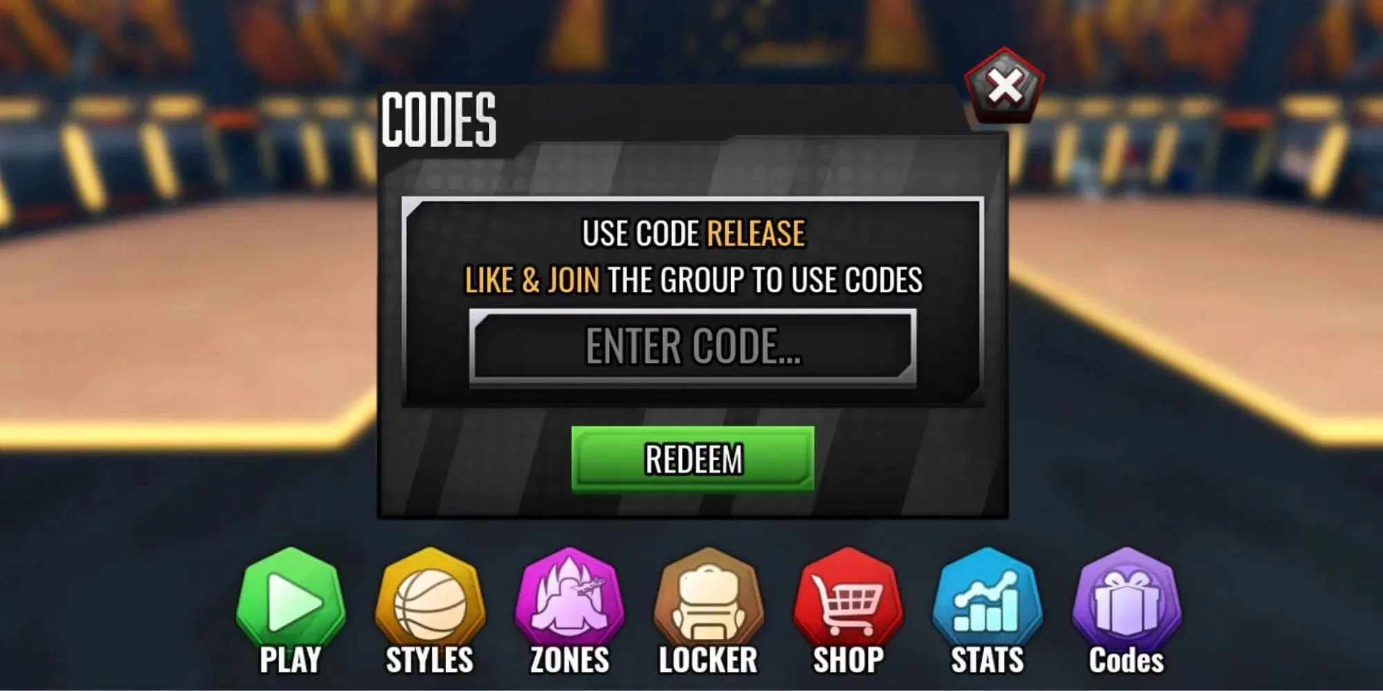 Giao diện nhập code trong game Basketball Zero, hướng dẫn nhận quà từ code