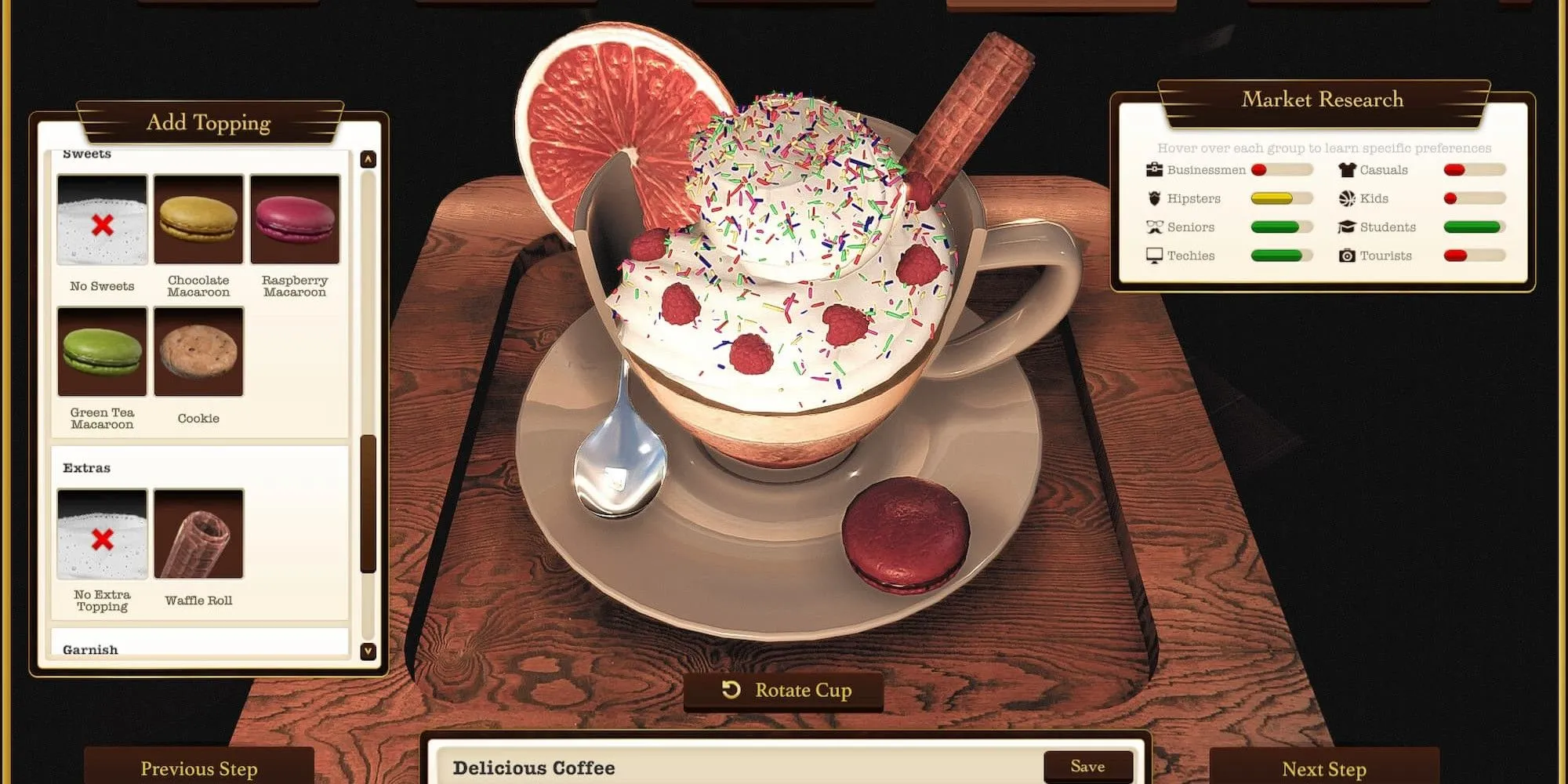 Giao diện pha chế cà phê đặc biệt trong game mô phỏng kinh doanh Espresso Tycoon