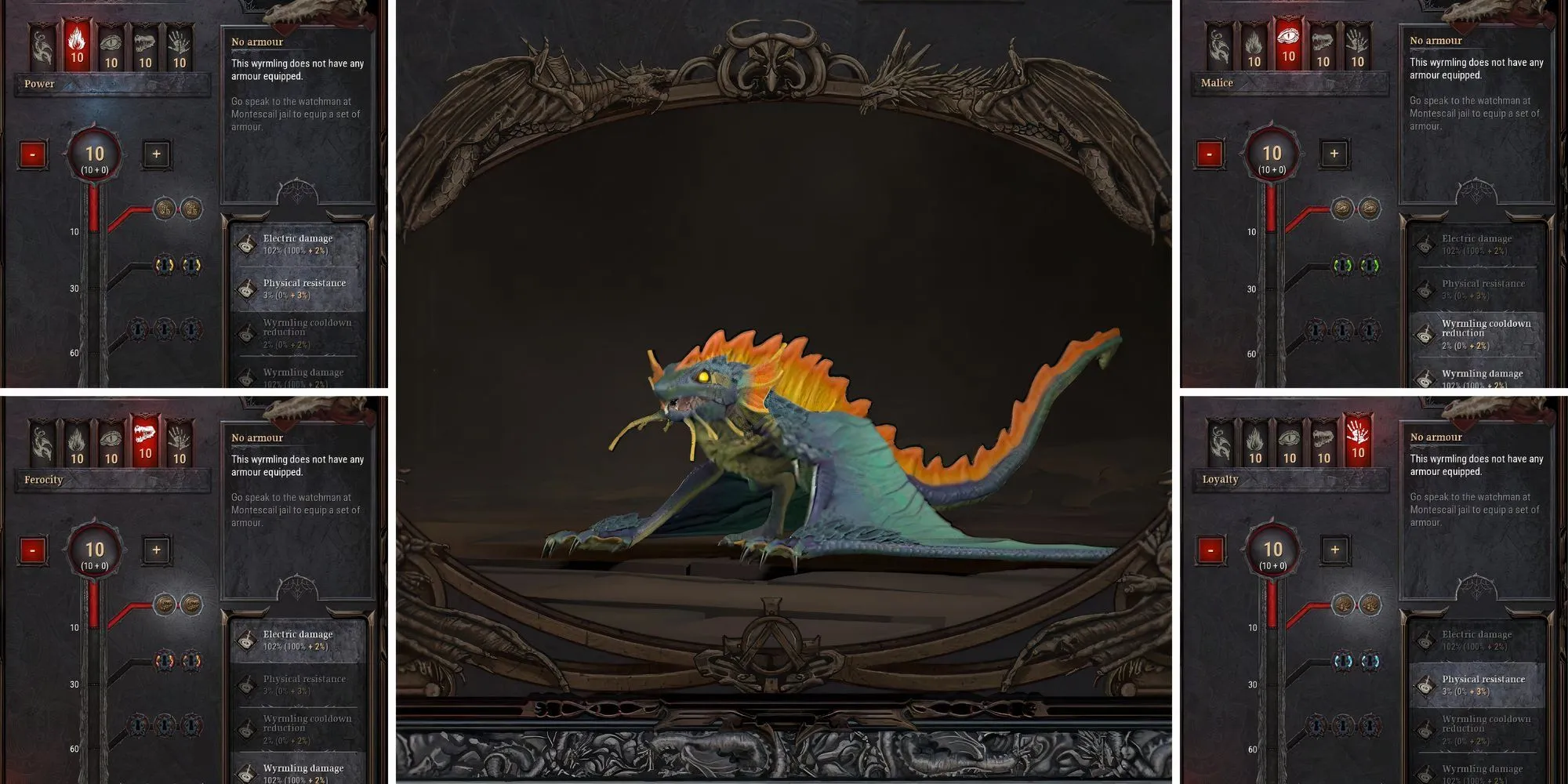 Giao diện phân bổ điểm kỹ năng cho Wyrmling trong Dragonkin The Banished với các lựa chọn thuộc tính