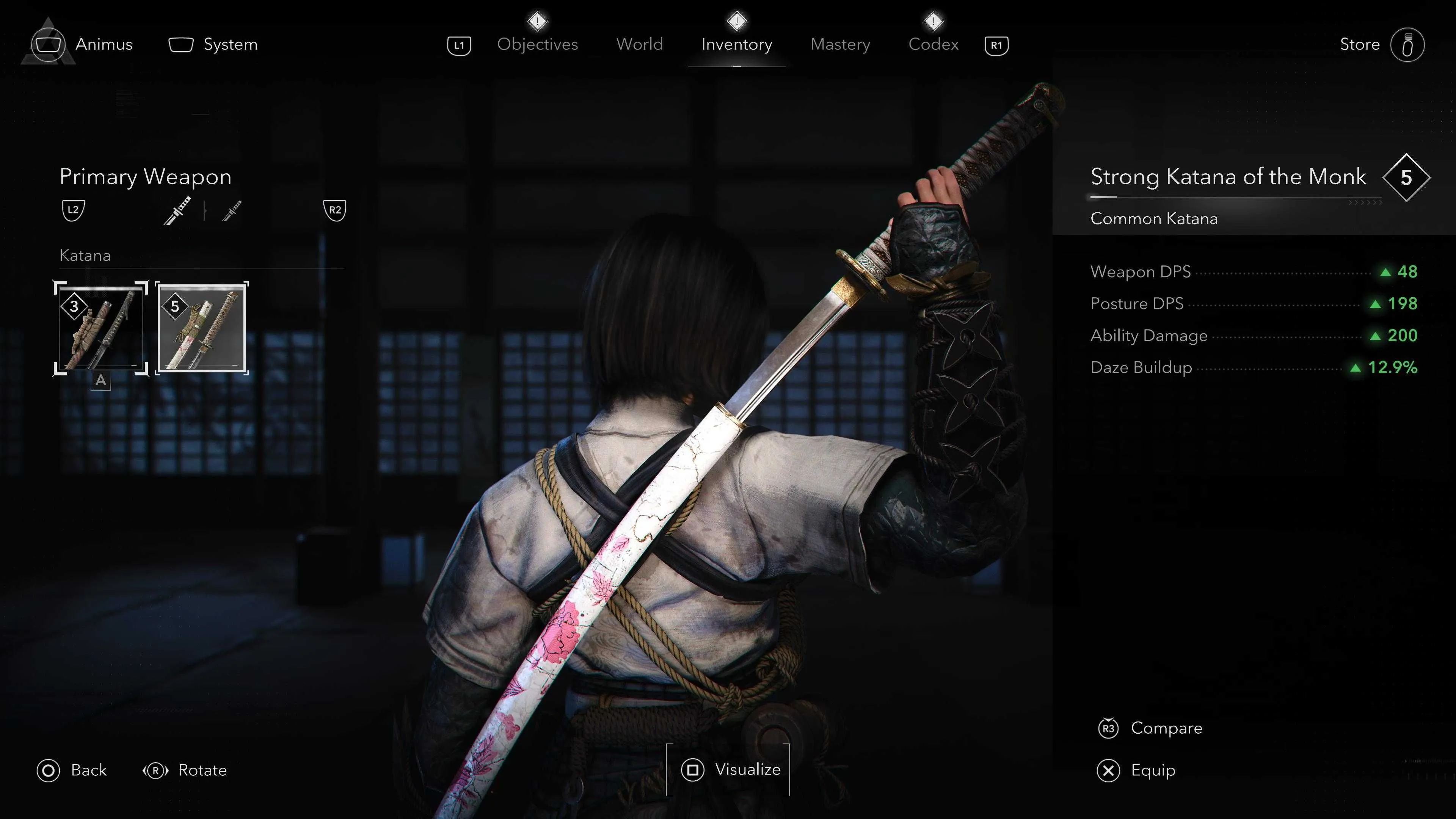 Giao diện thay đổi trang bị và vũ khí của Naoe trong Assassin's Creed Shadows