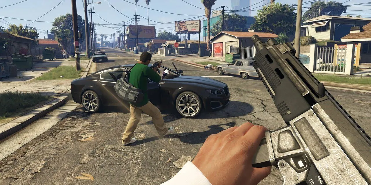 Góc nhìn thứ nhất khi lái xe trong GTA 5, thay đổi trải nghiệm chơi game.