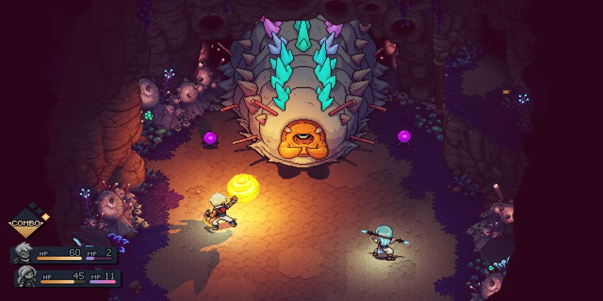 Hai nhân vật chính của Sea of Stars đứng ngắm nhìn khung cảnh pixel art tuyệt đẹp và hùng vĩ