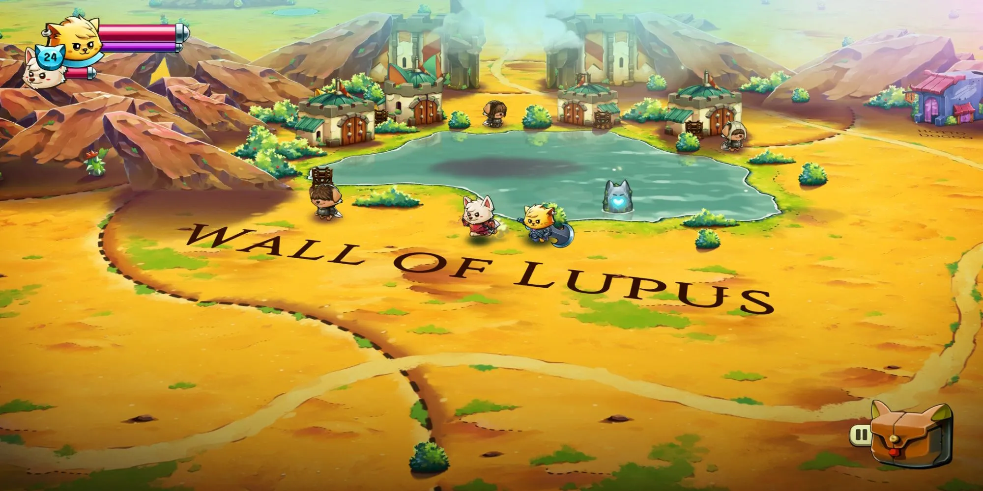 Hai nhân vật mèo dễ thương trong Cat Quest 2 đang chiến đấu với kẻ địch trên bản đồ thế giới