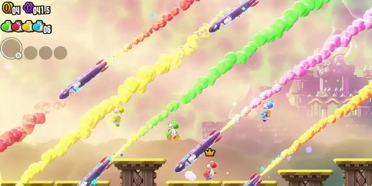 Hai Yoshi đang nhảy qua tên lửa trong màn chơi Super Mario Bros. Wonder