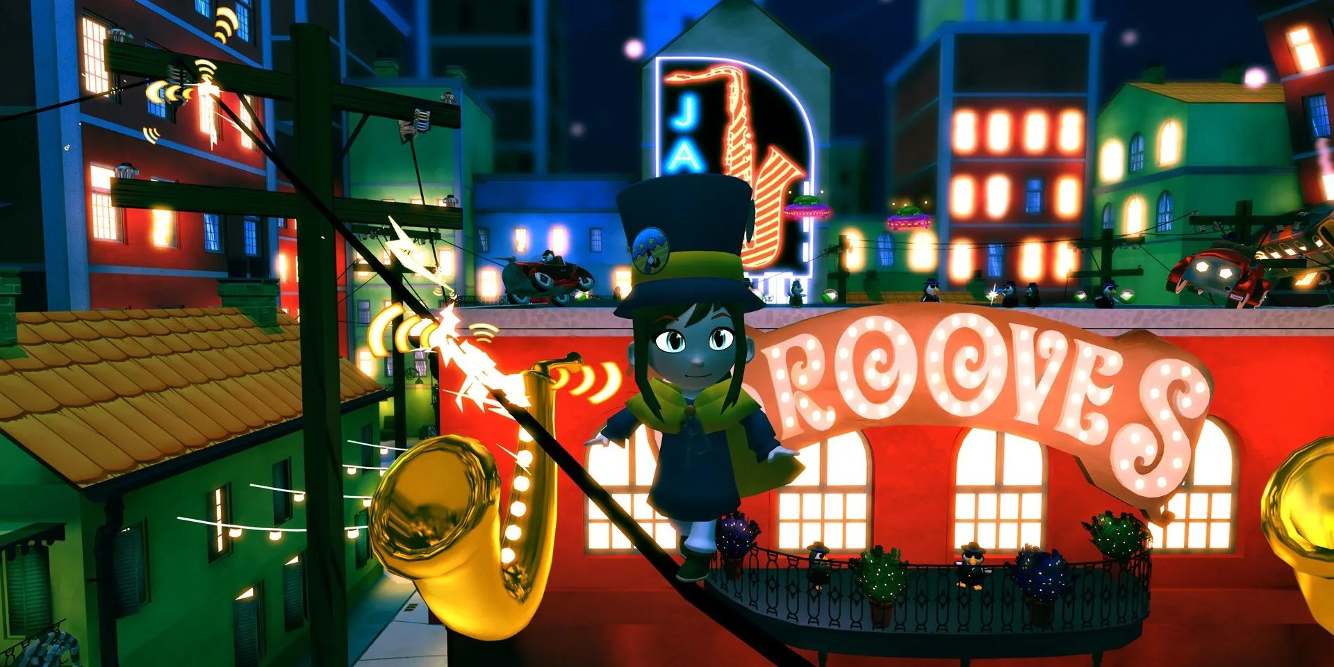Hat Kid đi bộ trên đường dây điện trong A Hat in Time, khung cảnh rực rỡ sắc màu