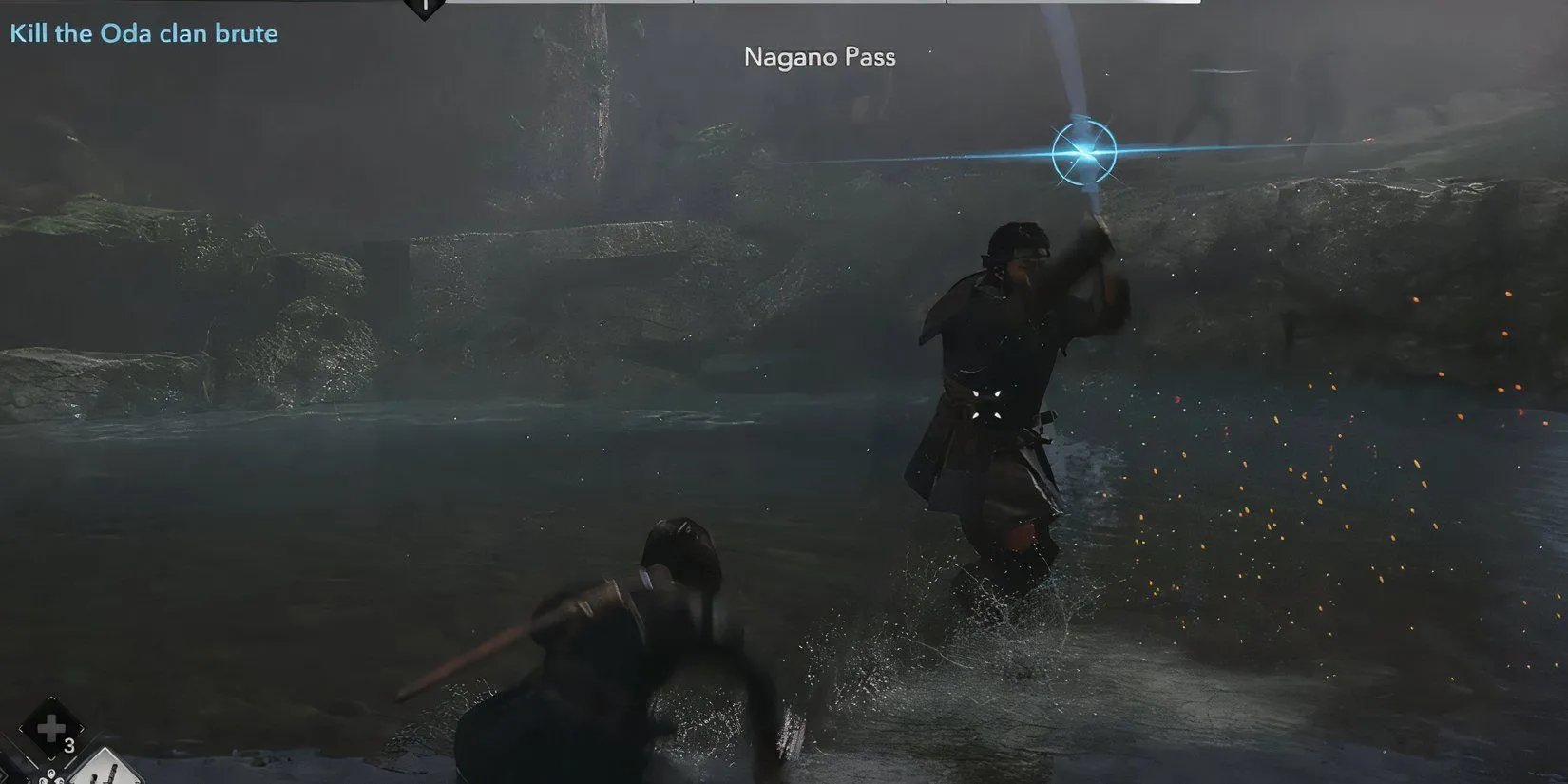 Hiệu ứng xanh lam báo hiệu thời gian đỡ đòn trong Assassins Creed Shadows