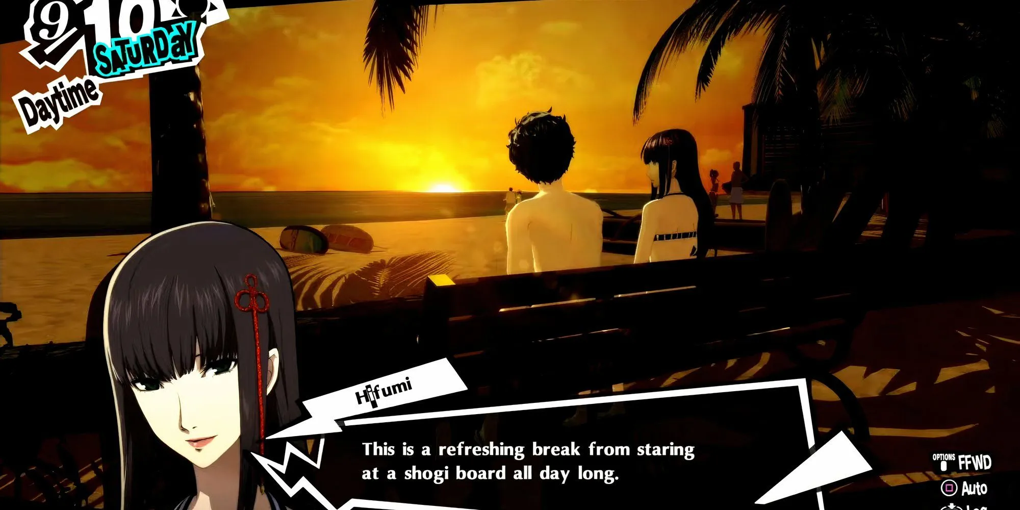 Hifumi và Joker ngắm hoàng hôn ở Hawaii trong Persona 5 Royal