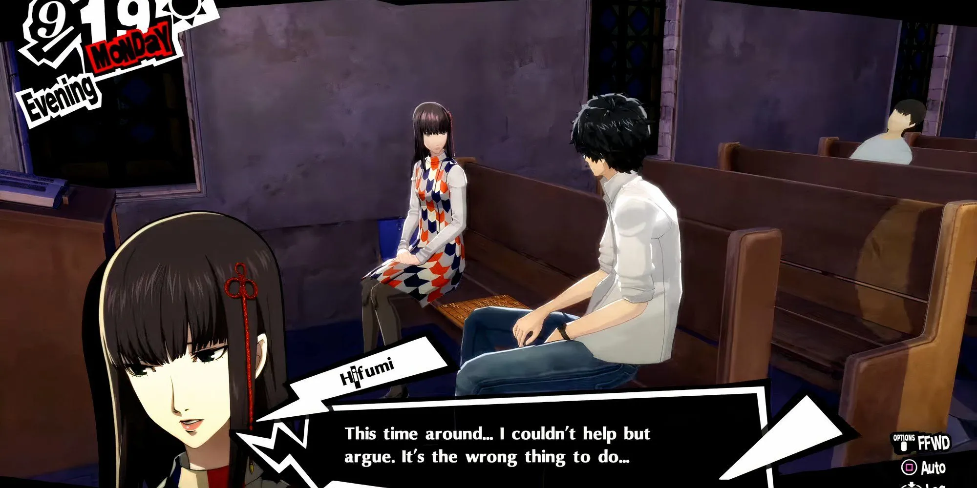 Hifumi và Joker tại nhà thờ trong Persona 5 Royal