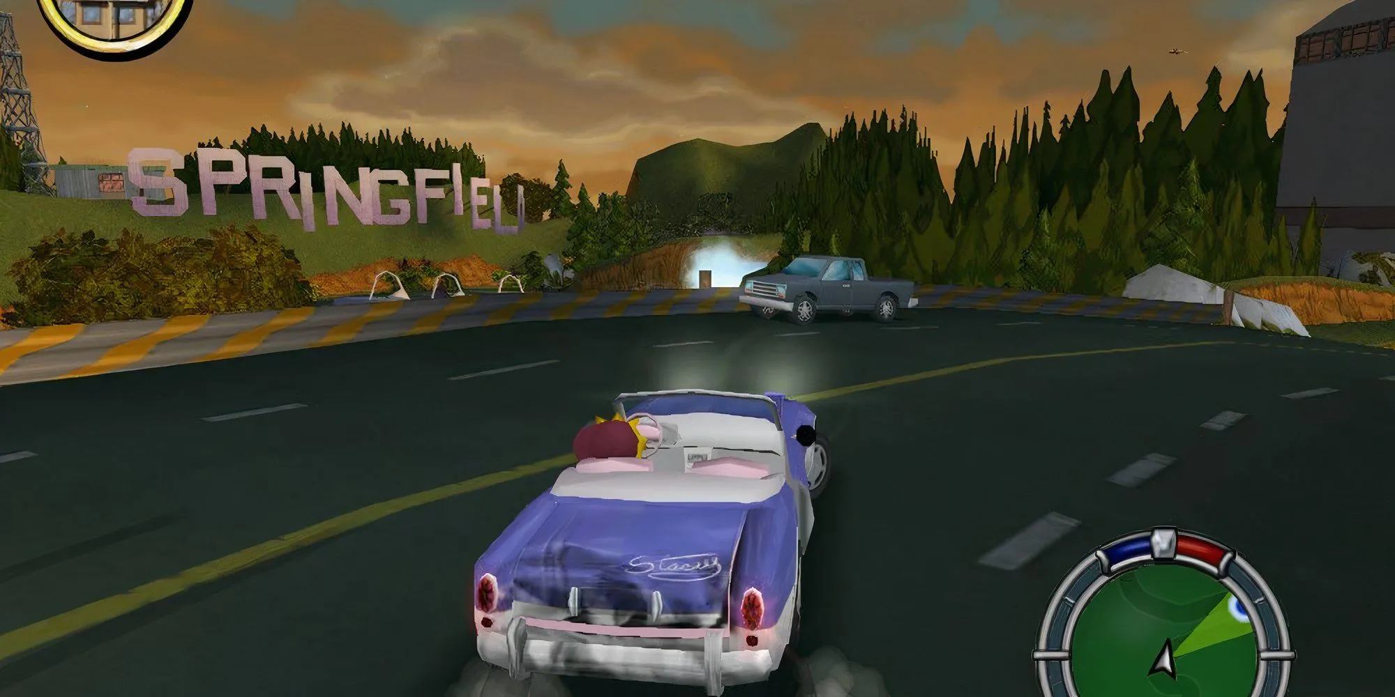 Hình ảnh biểu tượng của The Simpsons Hit and Run, nhân vật Homer Simpson lái xe