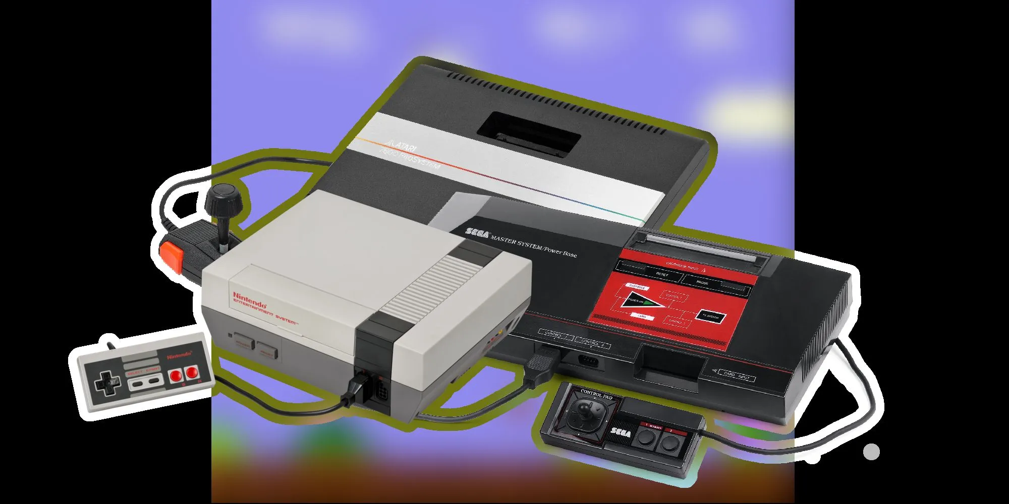 Hình ảnh các console thế hệ thứ ba, bao gồm NES, Atari 7800 và Master System.