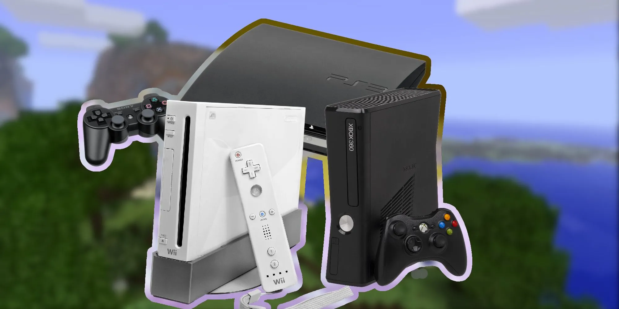 Hình ảnh các console thế hệ thứ bảy, bao gồm Wii, PS3 và Xbox 360.