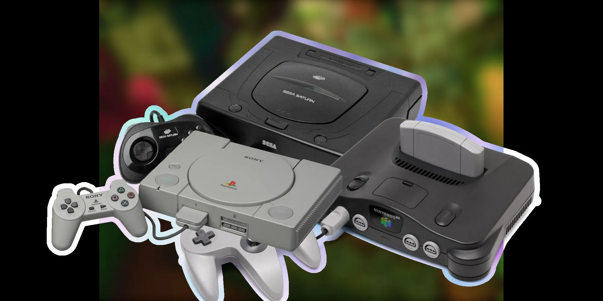 Hình ảnh các console thế hệ thứ năm, bao gồm PS1, Sega Saturn và N64.