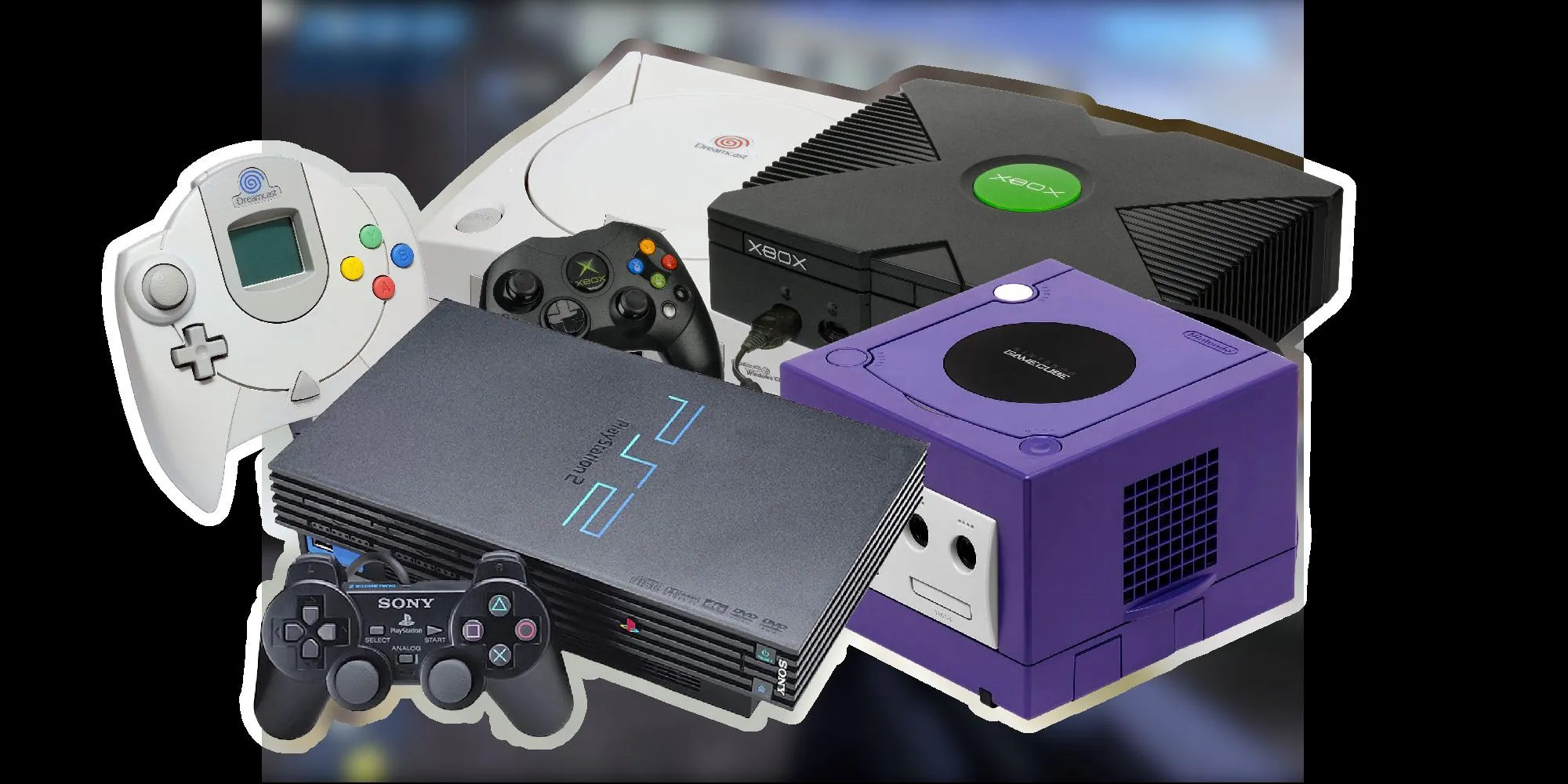 Hình ảnh các console thế hệ thứ sáu, bao gồm Dreamcast, PS2, Gamecube và Xbox.