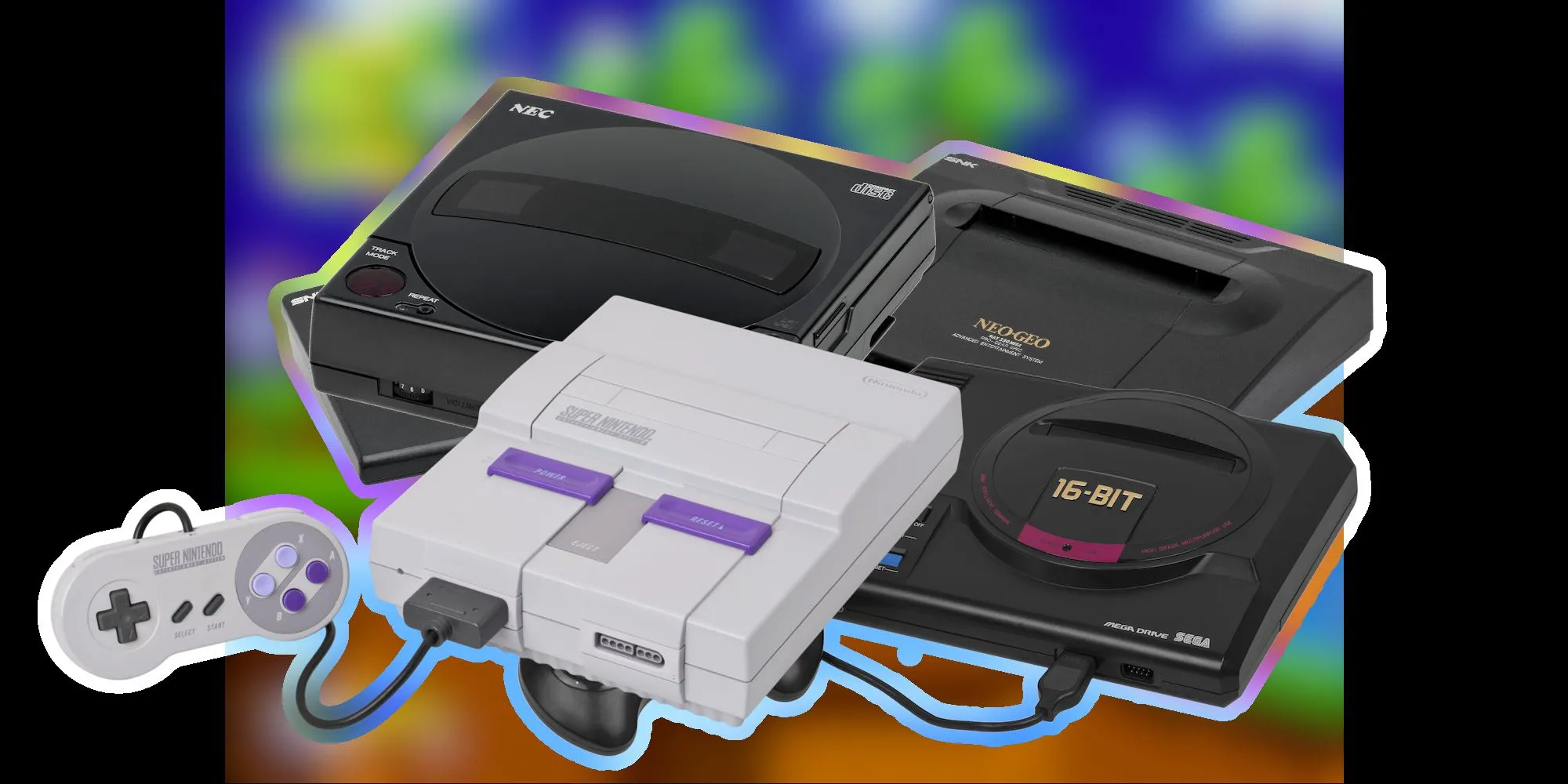 Hình ảnh các console thế hệ thứ tư, bao gồm SNES, Genesis, Neo Geo và TurboGrafx-16.