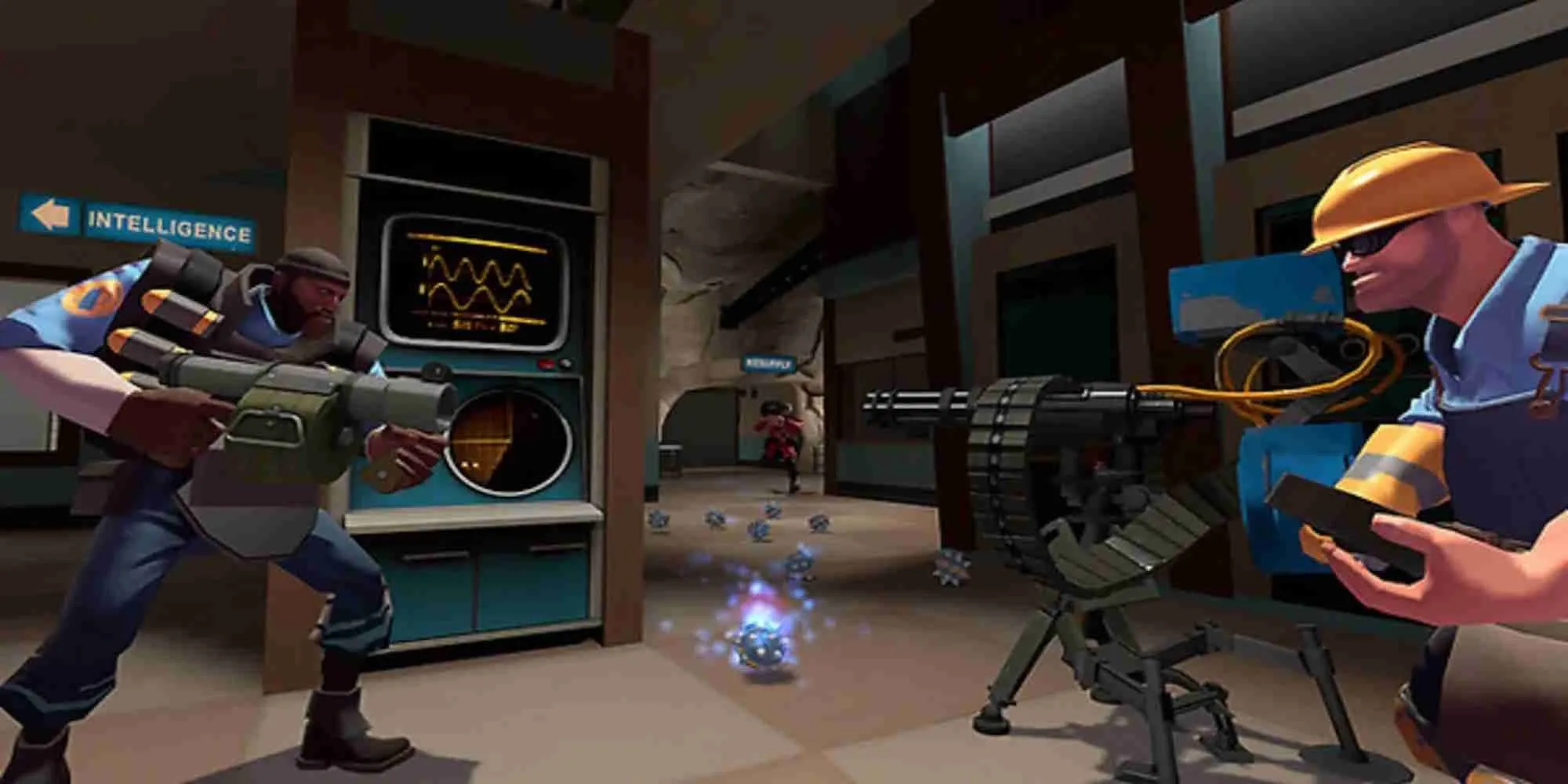 Hình ảnh các lớp nhân vật đặc trưng của Team Fortress 2 trong một trận đấu