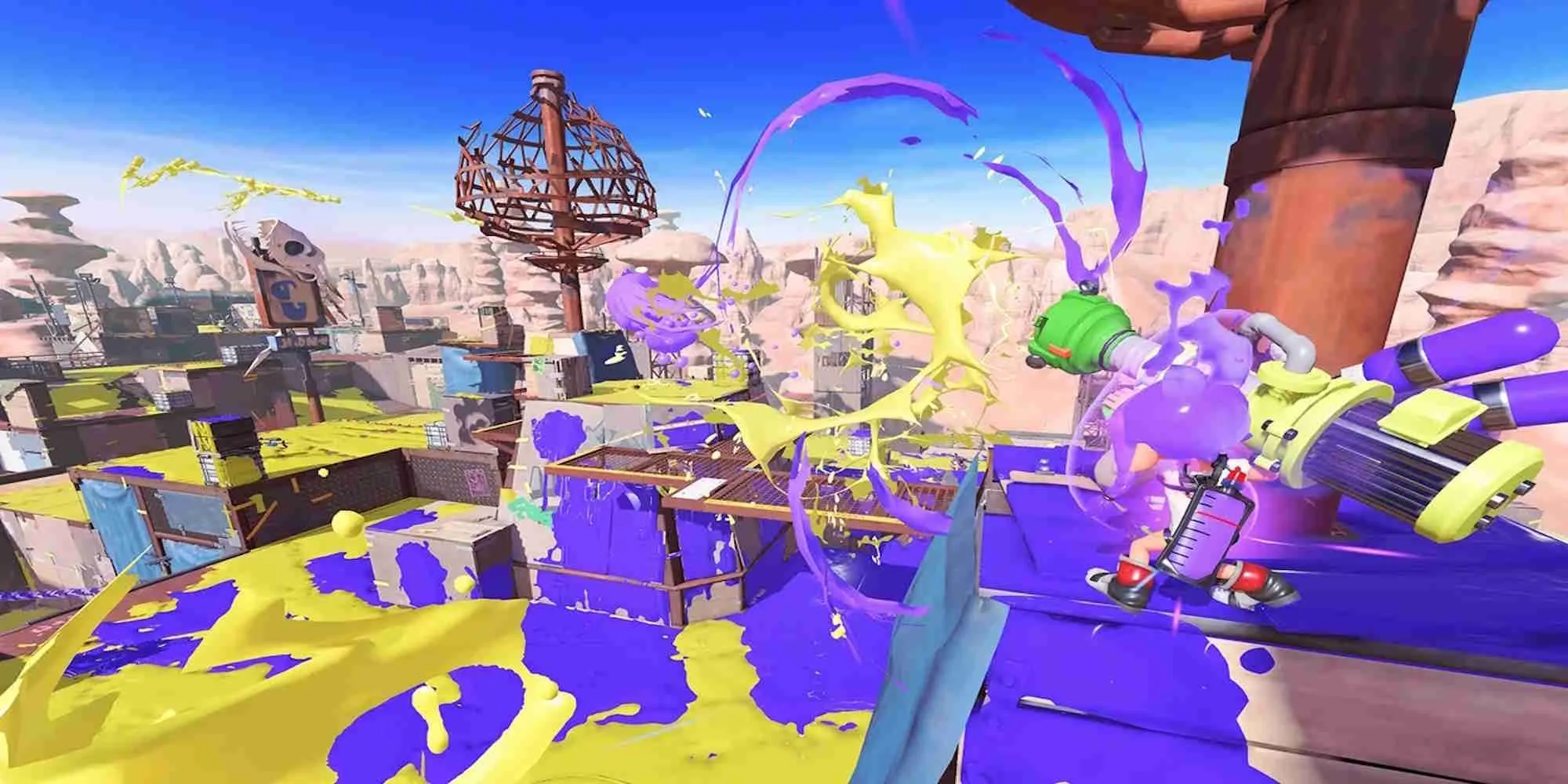 Hình ảnh các nhân vật Inkling và Octoling trong game Splatoon 3 đang chiến đấu trên bản đồ với màu mực đặc trưng