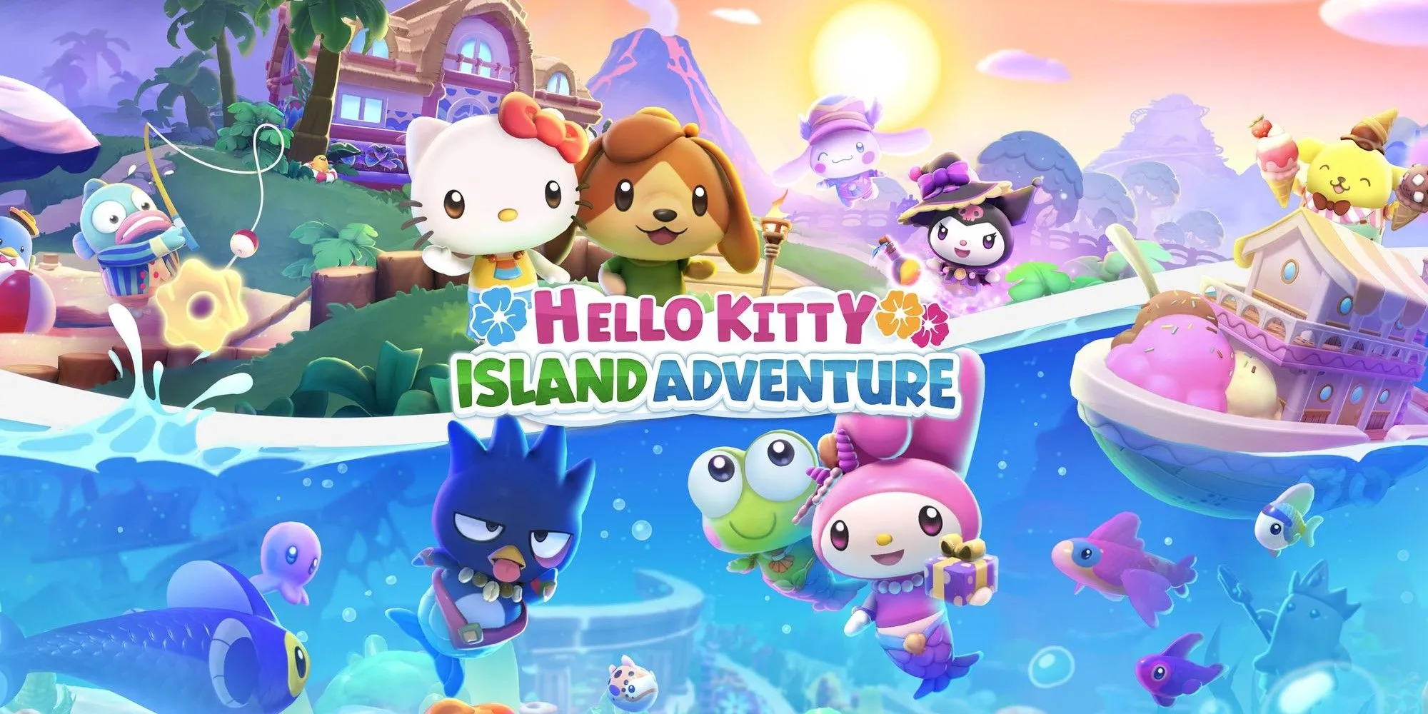 Hình ảnh chính game Hello Kitty Island Adventure, thể hiện nhân vật Hello Kitty và bạn bè trên hòn đảo