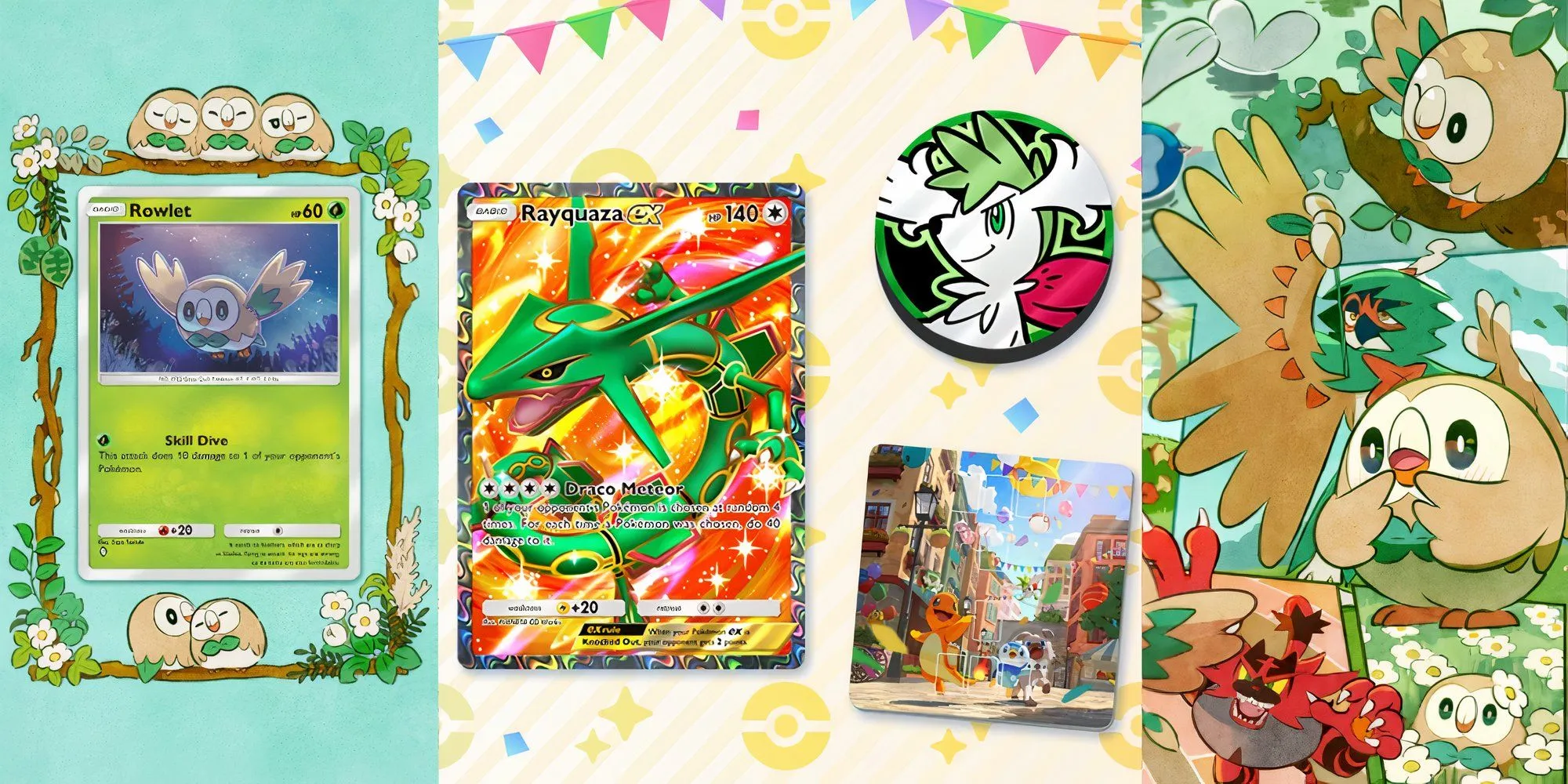 Hình ảnh full-art của Rayquaza EX và Pokemon Rowlet trong Pokemon TCG Pocket, là phần thưởng từ sự kiện.