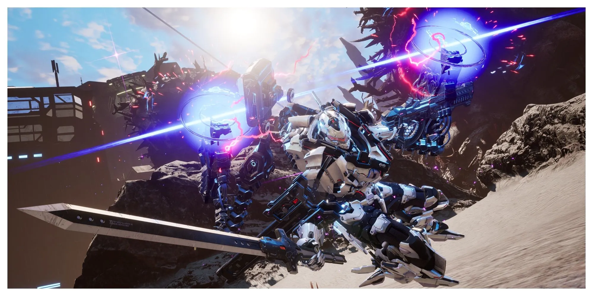 Hình ảnh gameplay Daemon X Machina Titanic Scion trên Switch 2, thể hiện cảnh chiến đấu giữa các robot khổng lồ