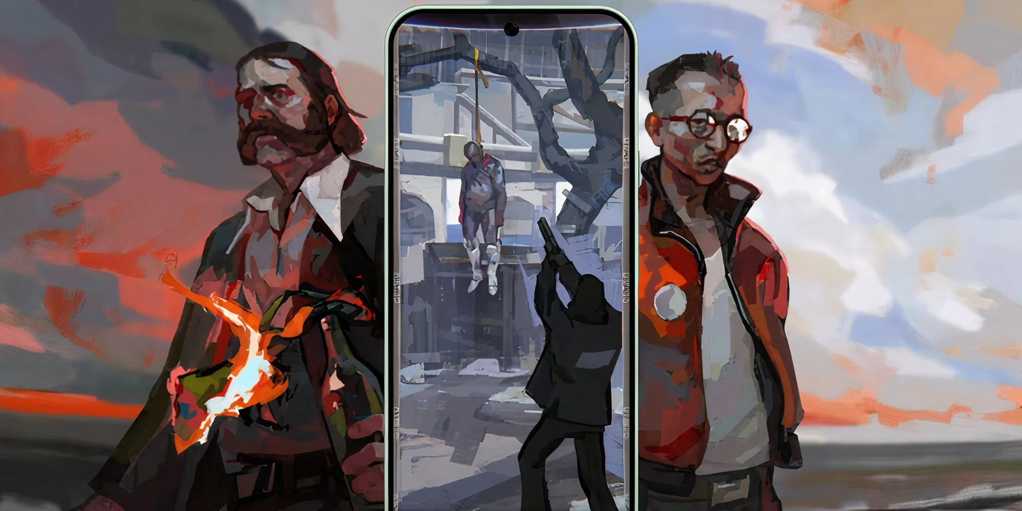 Hình ảnh gameplay Disco Elysium Mobile cảnh bắn hạ thi thể bị treo cổ