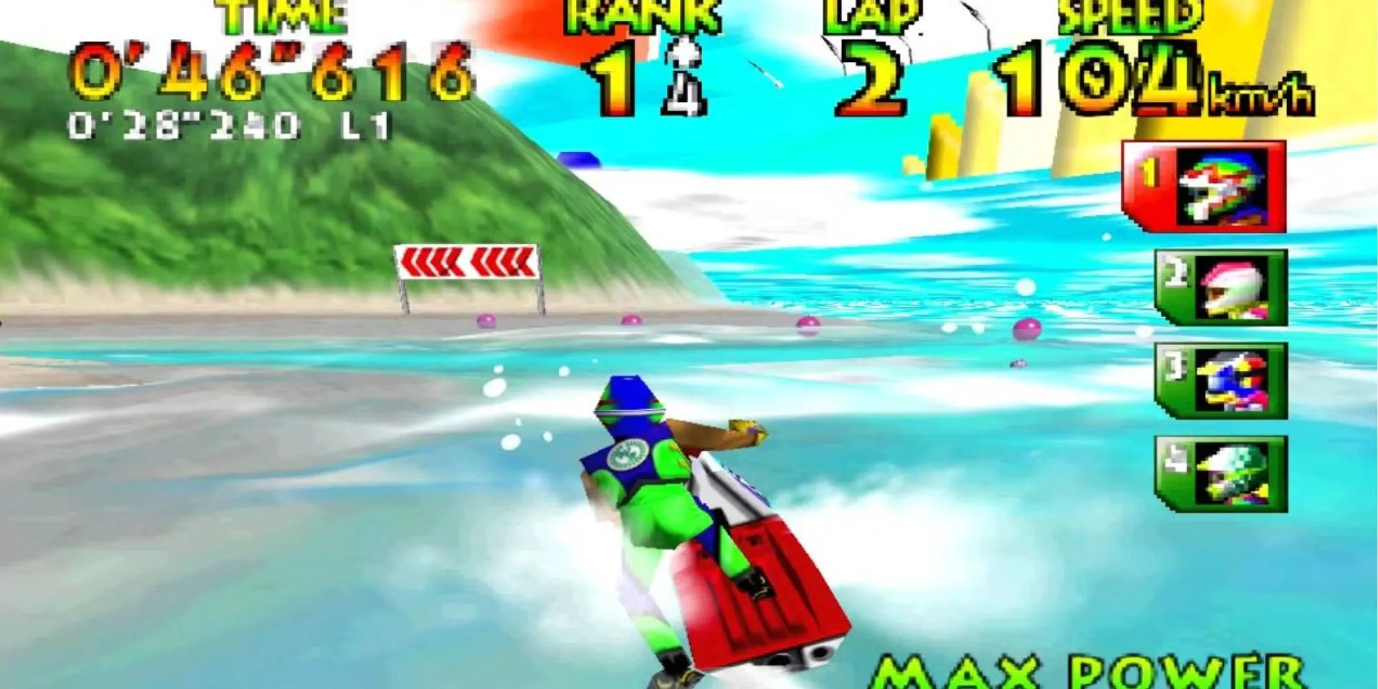 Hình ảnh gameplay Wave Race 64 với người chơi đang điều khiển mô tô nước
