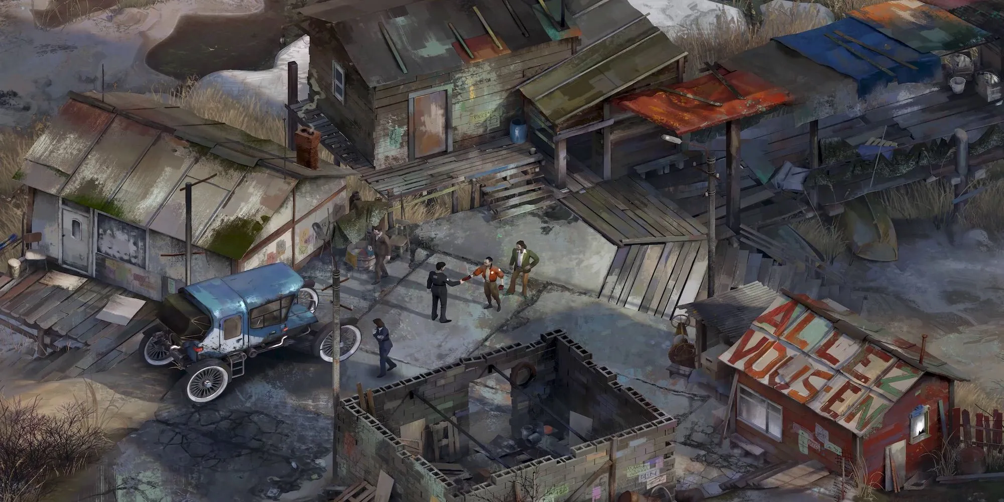 Hình ảnh Kim Kitsuragi bắt tay trong Disco Elysium, tượng trưng cho sự mong manh của lòng tin trong game Project C4